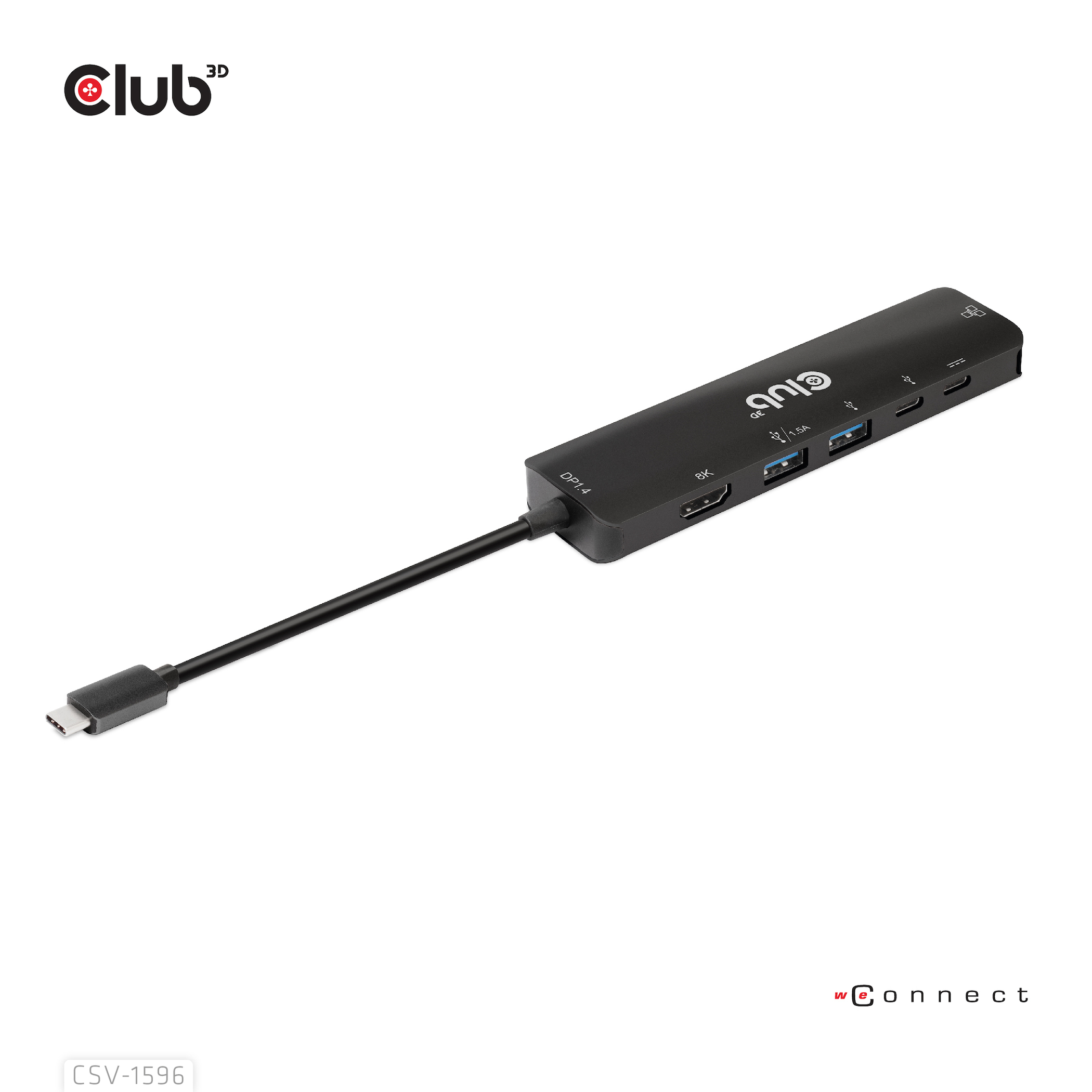 Hub nero con "Club 3D" e porte varie, con cavo USB-C.