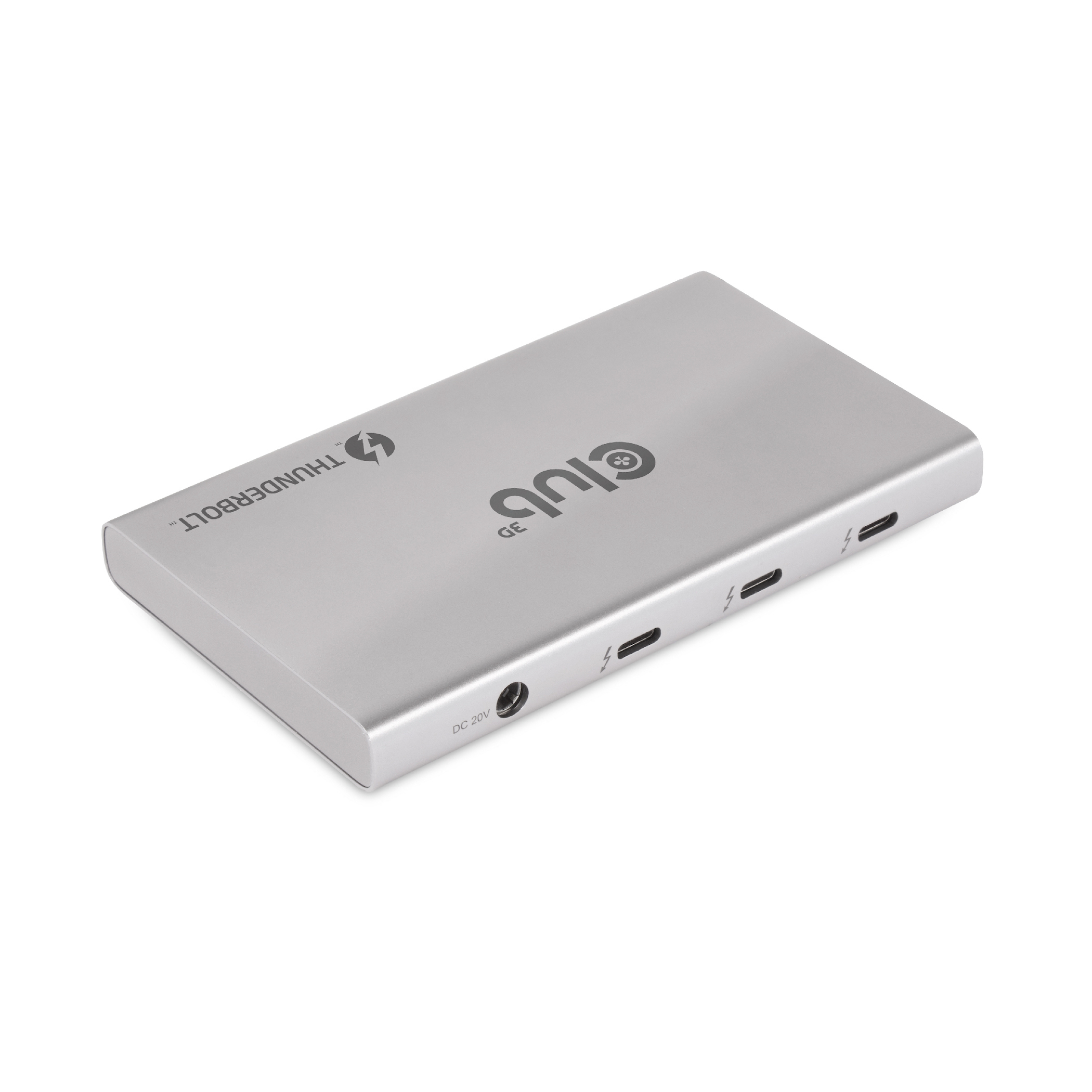 Un hub Thunderbolt Club 3D argentato con più porte, isolato su sfondo bianco.