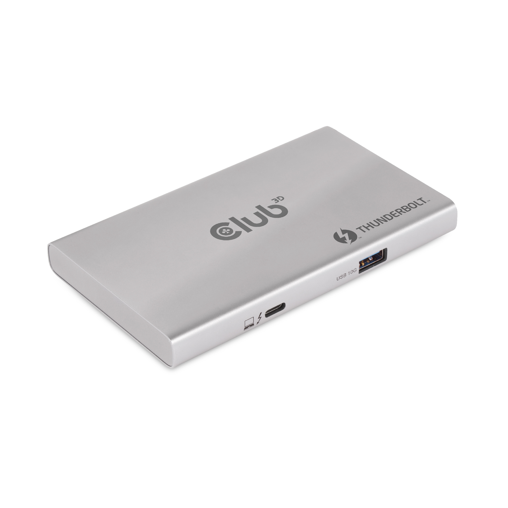 Hub Club 3D argentato con una porta Thunderbolt.