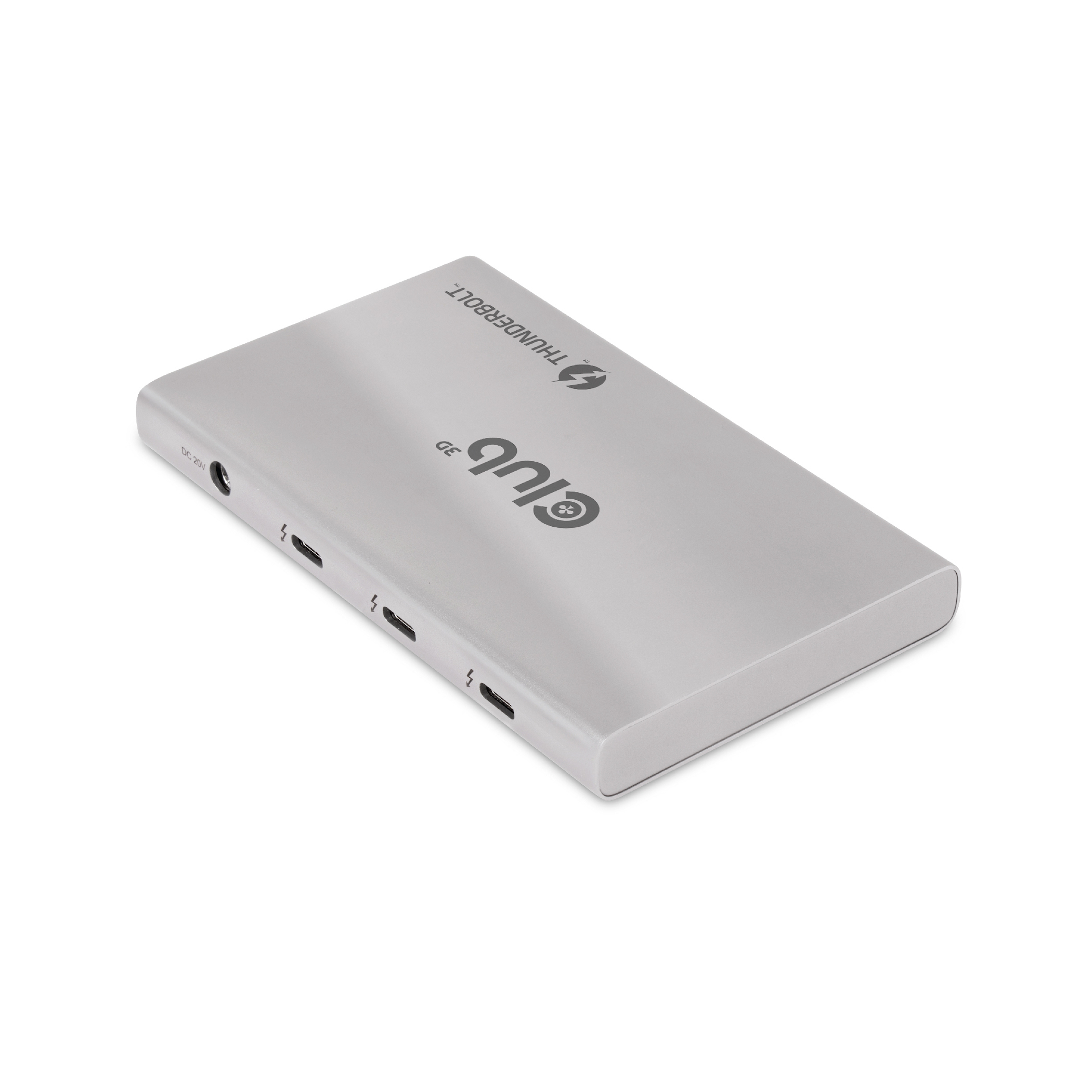 Dispositivo rettangolare argento con testo "Club 3D" e "Thunderbolt".