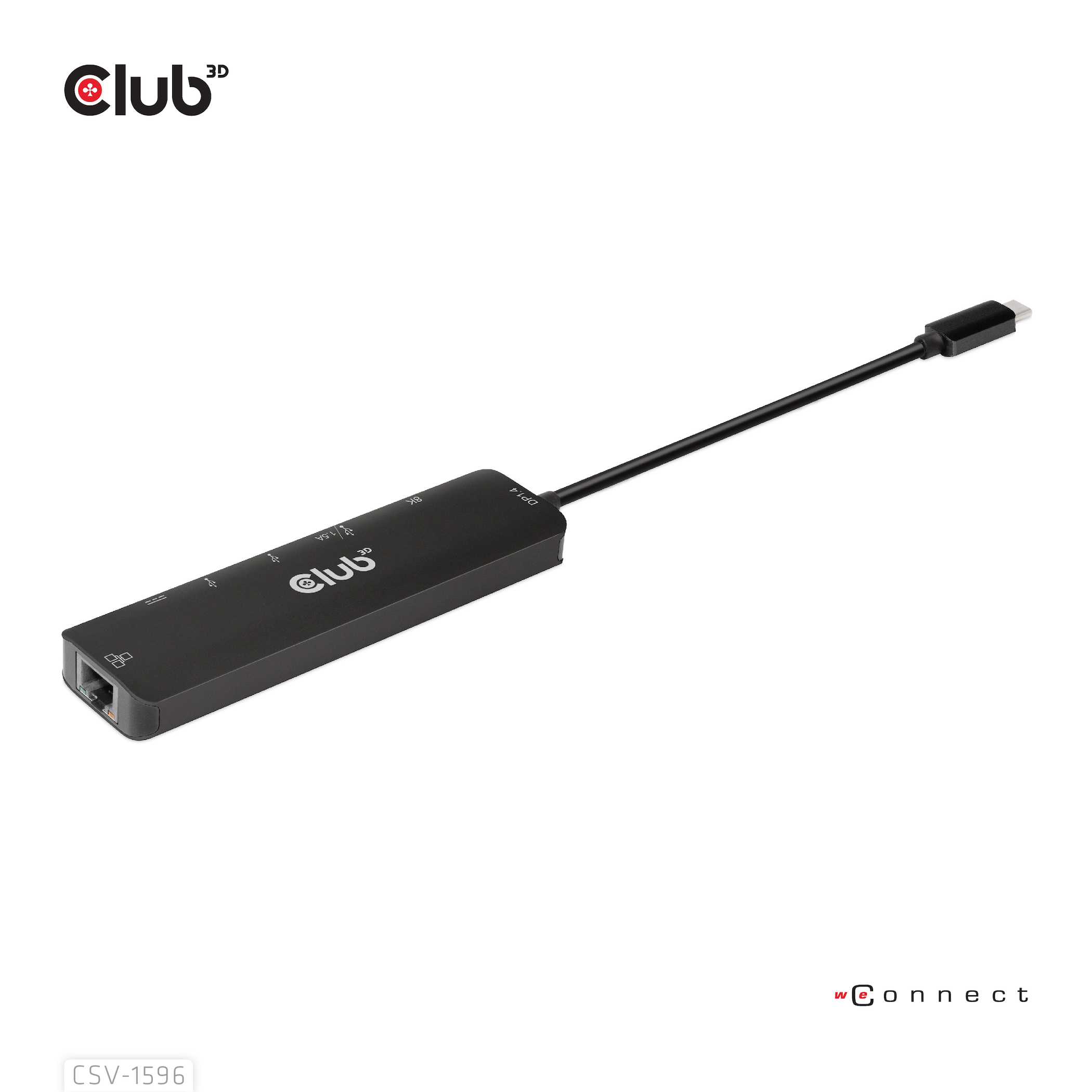 Hub Club 3D nero con varie porte e un cavo USB-C.