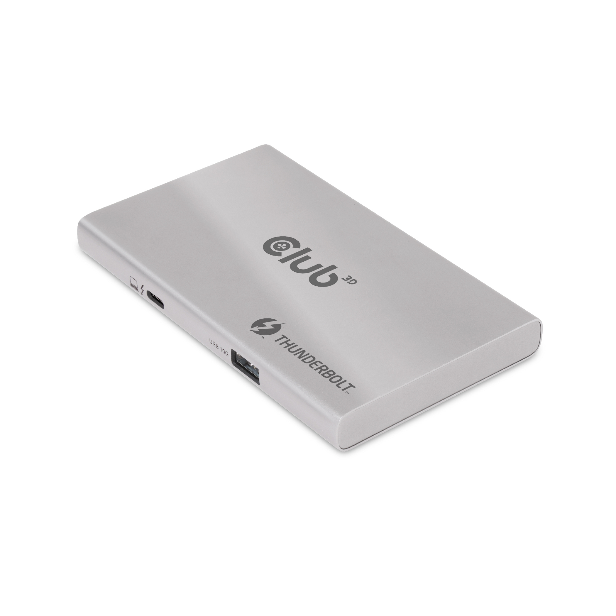 Hub Club 3D argentato con Thunderbolt, con sfondo bianco.