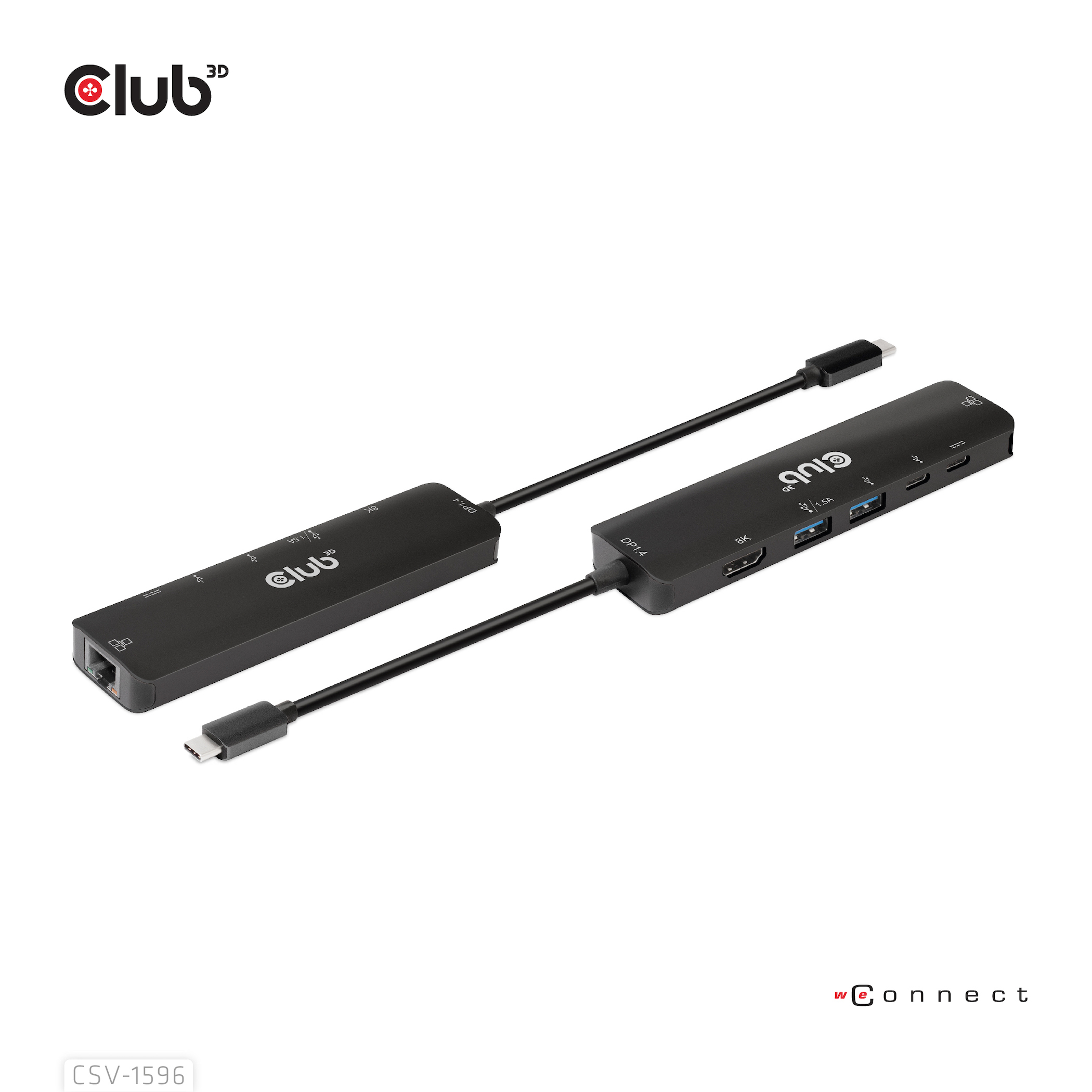 Due adattatori USB-C neri, uno collegato a un cavo, con il logo del marchio.