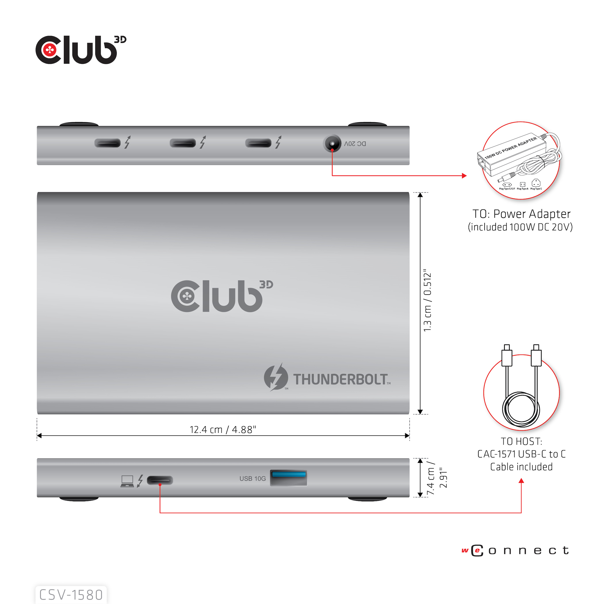 Hub Thunderbolt Club 3D argentato con porta di alimentazione, USB e cavo.