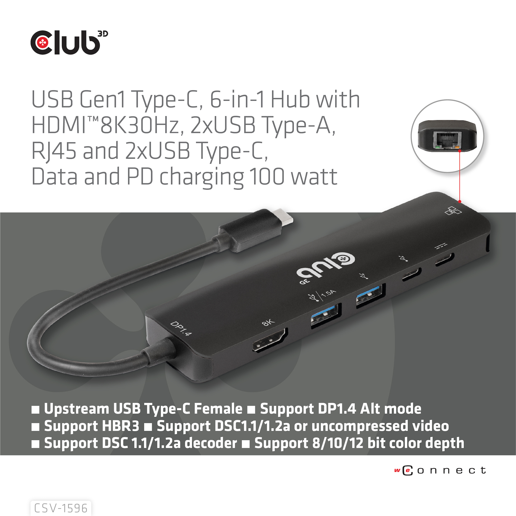 Hub USB Gen1 Type-C 6-in-1 nero con porte HDMI, USB e RJ45. Il testo elenca le caratteristiche e le specifiche.