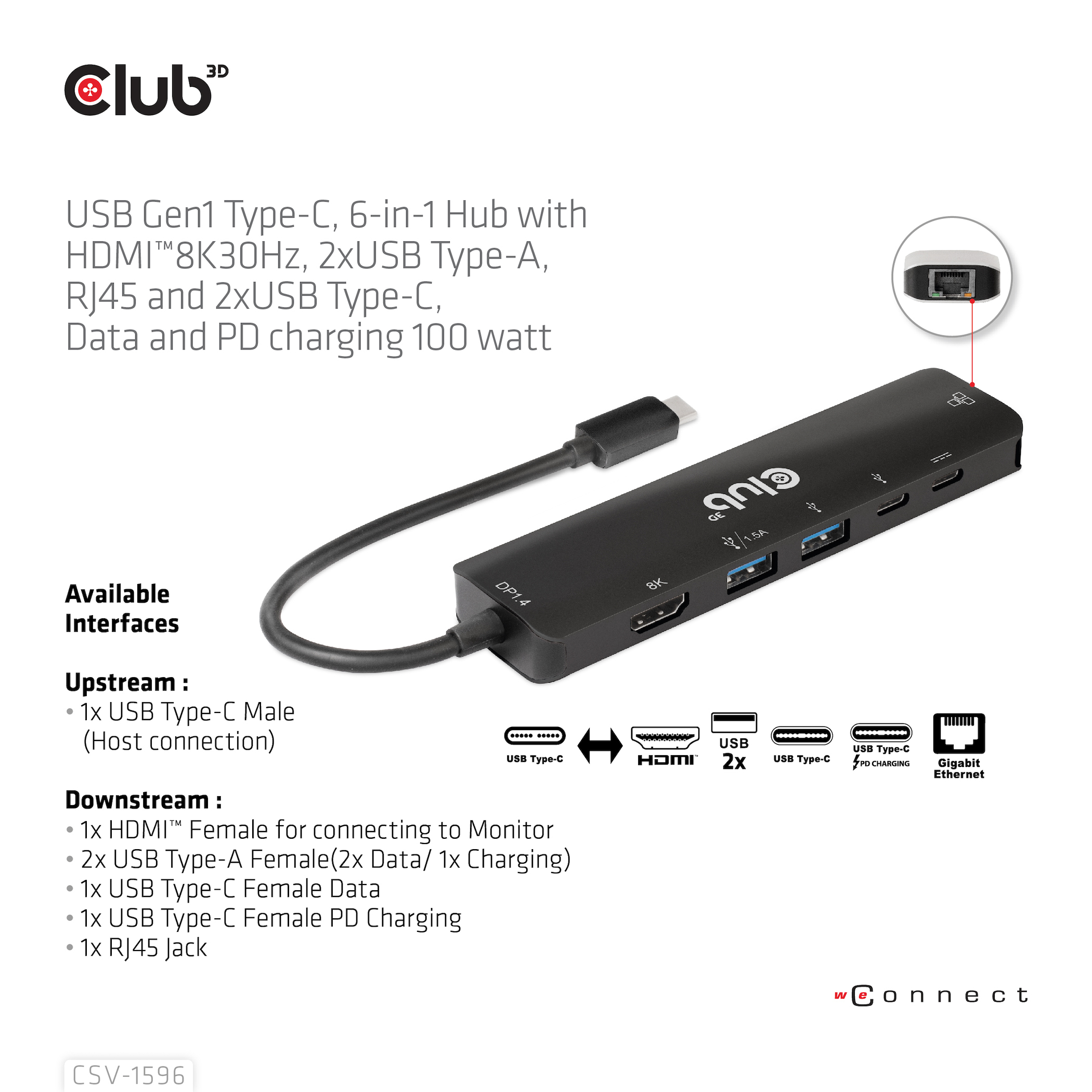 Hub nero con più porte: USB, HDMI, Ethernet. Sfondo bianco.