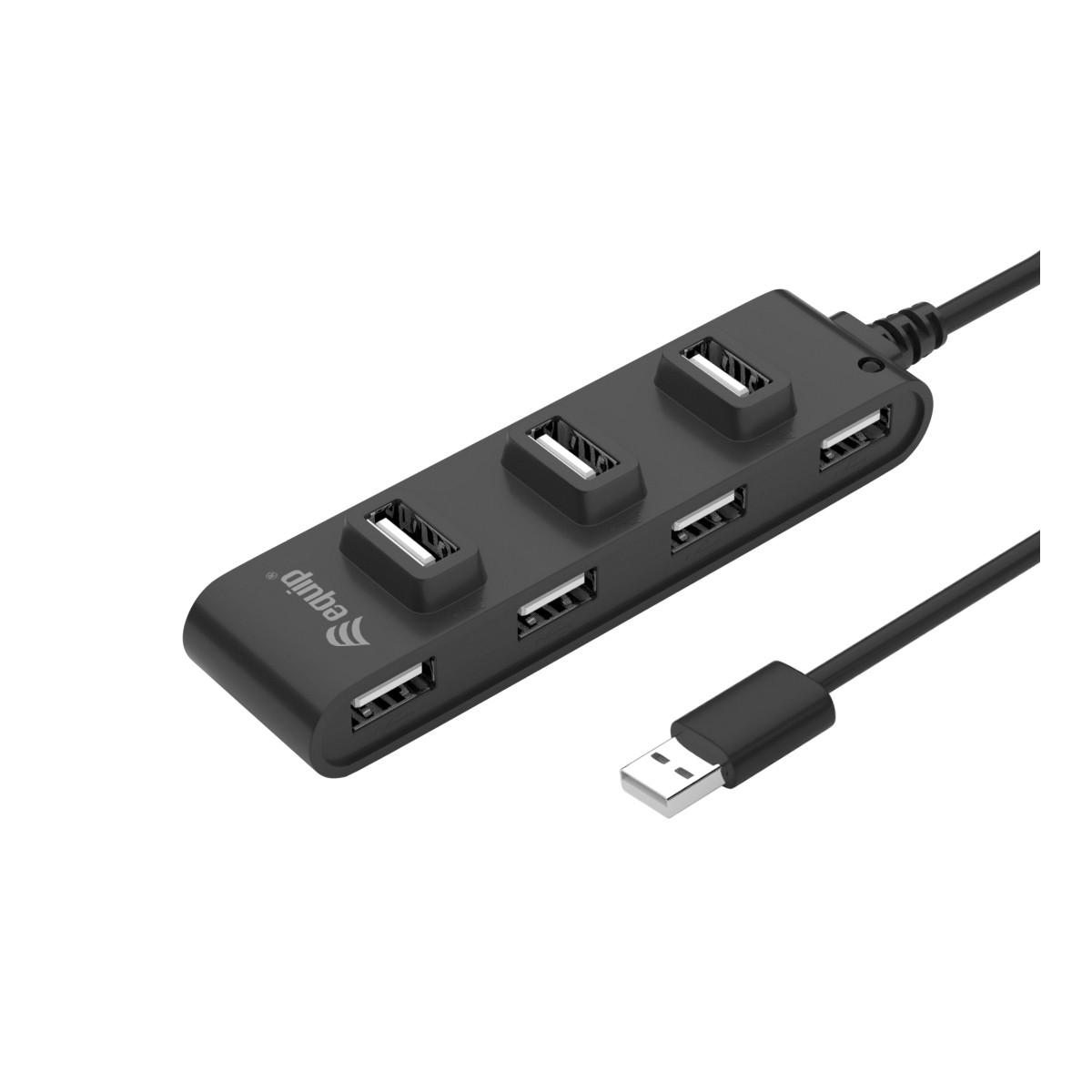 Hub USB nero con quattro porte USB. C'è la parola 'equip' sopra, su uno sfondo bianco.