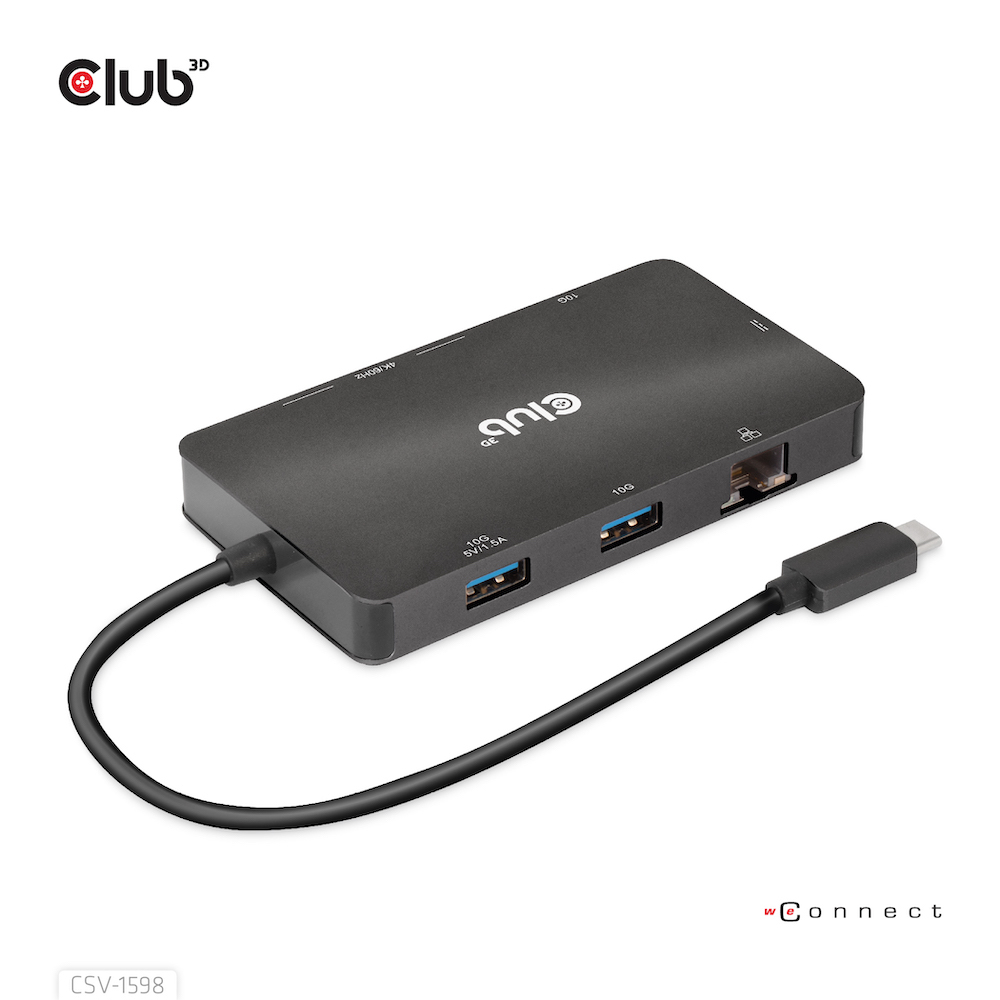 Hub nero con porte USB, Ethernet e HDMI. Cavo nero. Sfondo bianco.