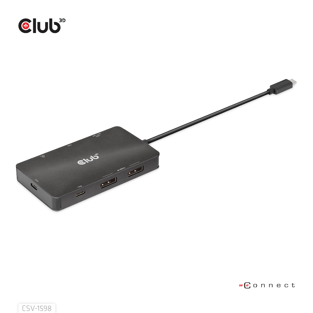 Hub USB nero con più porte, tra cui HDMI e USB, con cavo nero.
