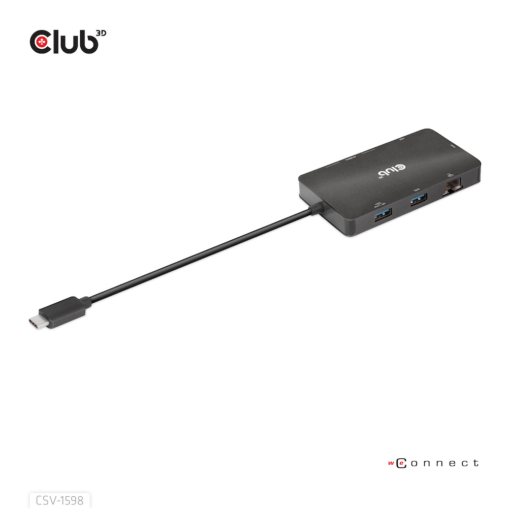 Hub USB-C nero con più porte. Mostra un connettore USB-C. Su sfondo bianco.