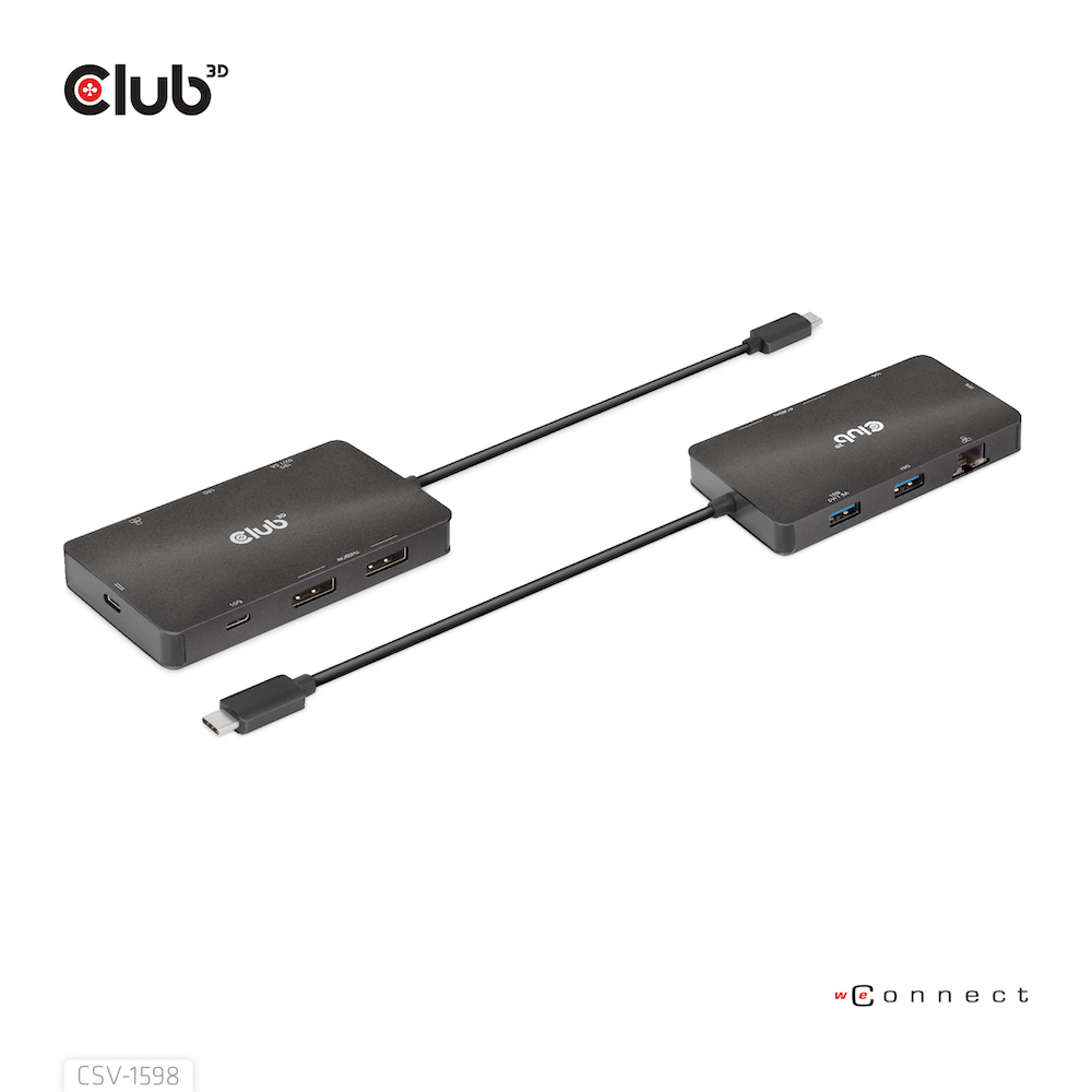 Due docking station nere con cavi collegati su sfondo bianco.