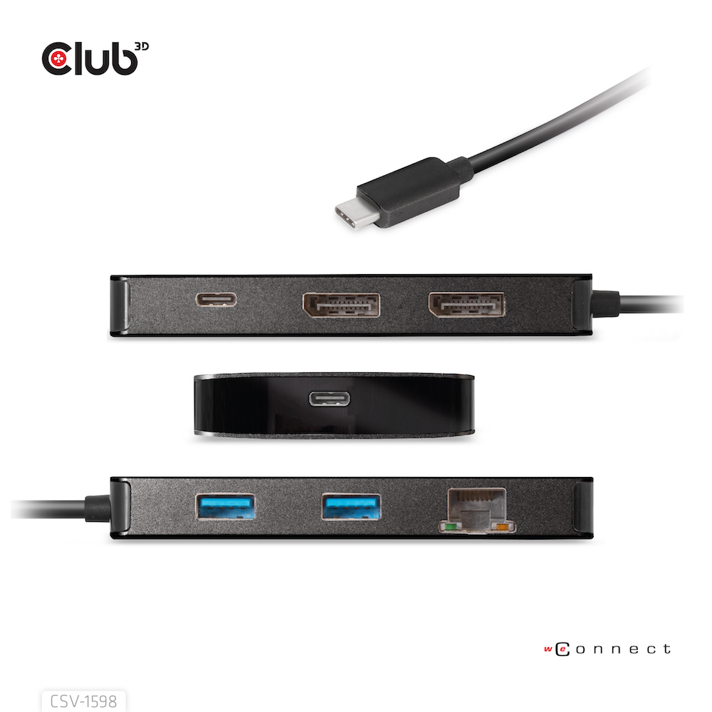 Hub nero con porte multiple e cavo USB-C, con logo "Club 3D".