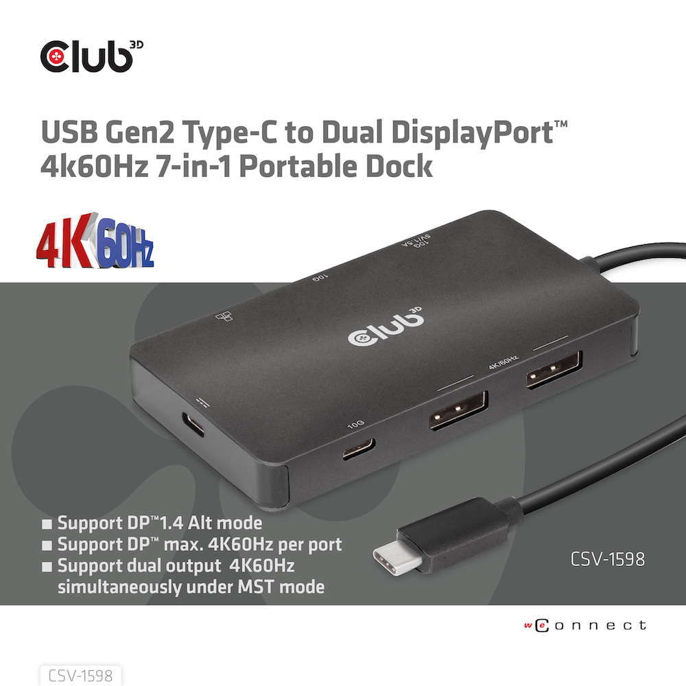 Un hub USB-C nero con più porte. Ha il logo 'Club' sulla parte anteriore.