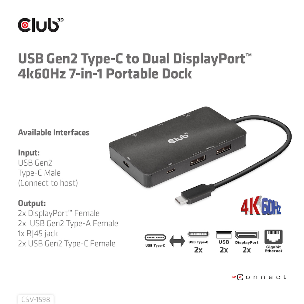 Hub USB Gen2 Type-C nero con più porte ed etichette.