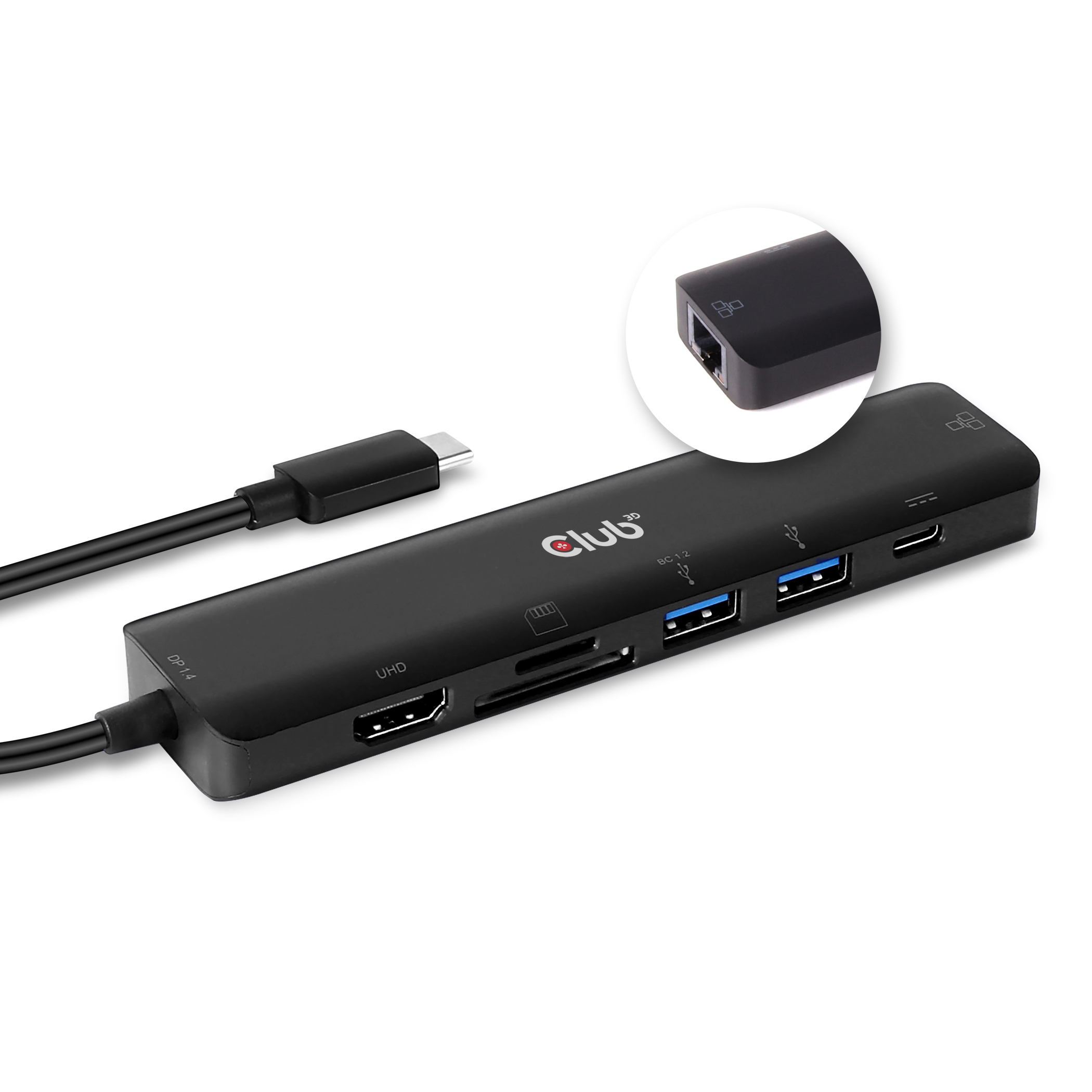 Concentrador USB negro con cable USB-C y varios puertos. Fondo blanco.