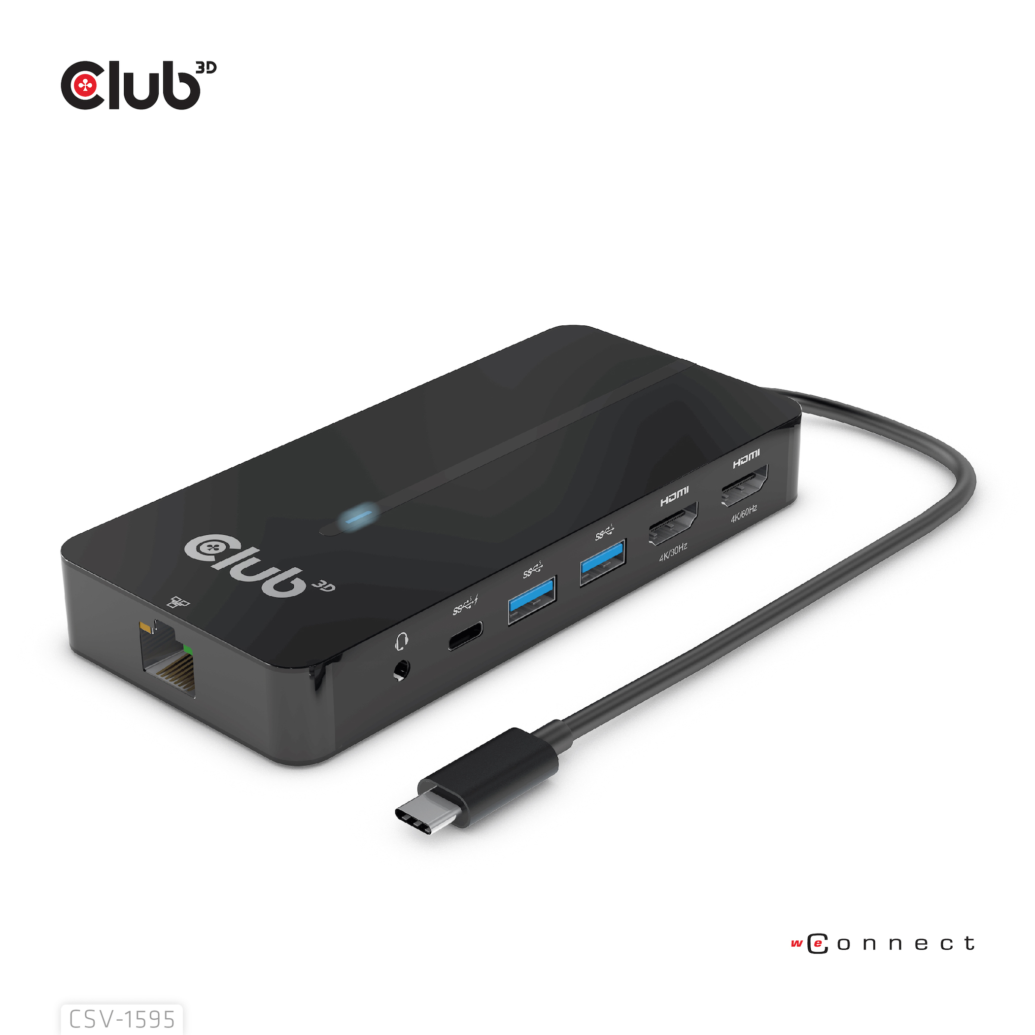 Un hub USB-C nero con più porte. Ha il logo 'Club' sulla parte anteriore.
