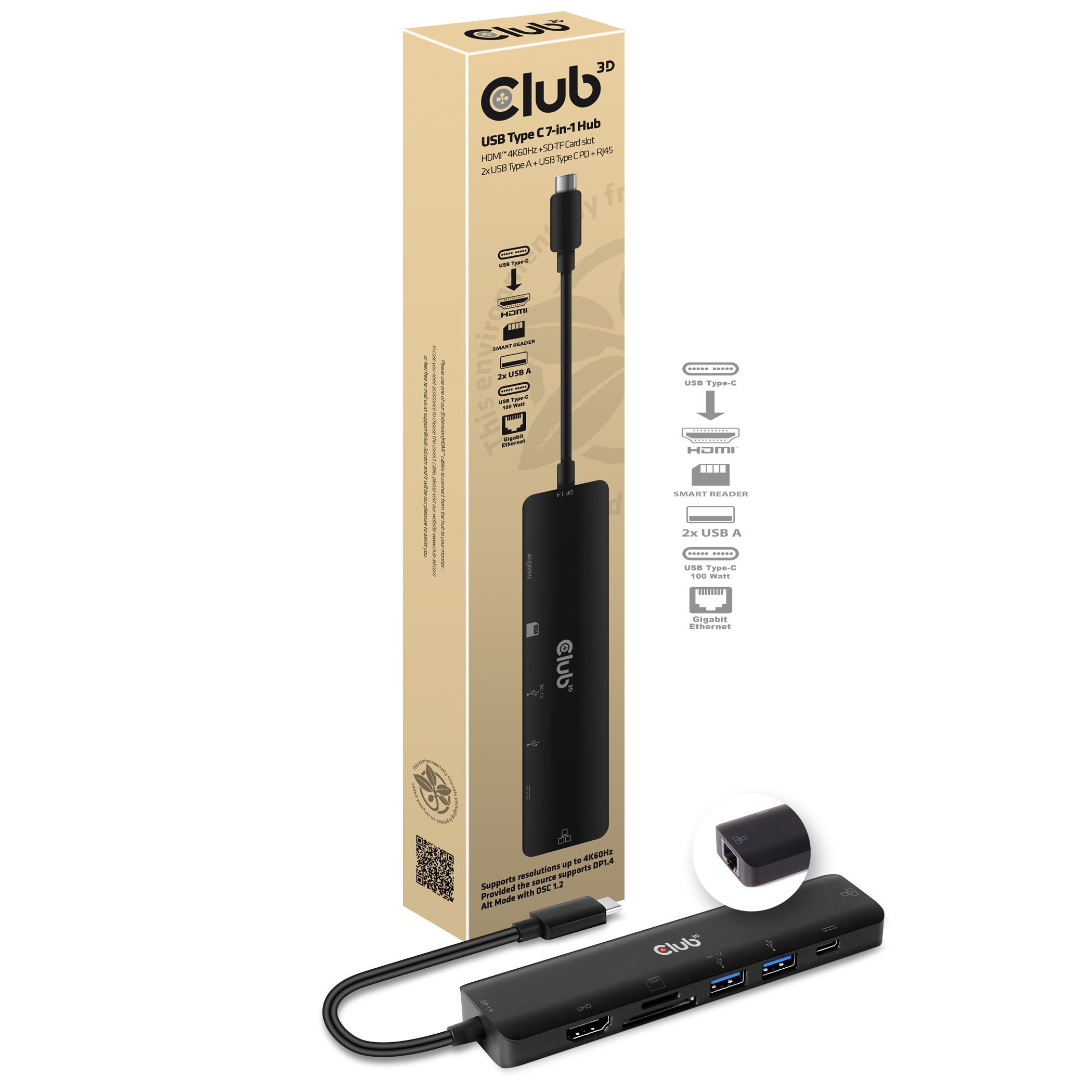 Concentrador USB negro en una caja con cable. La caja muestra el hub y sus puertos.