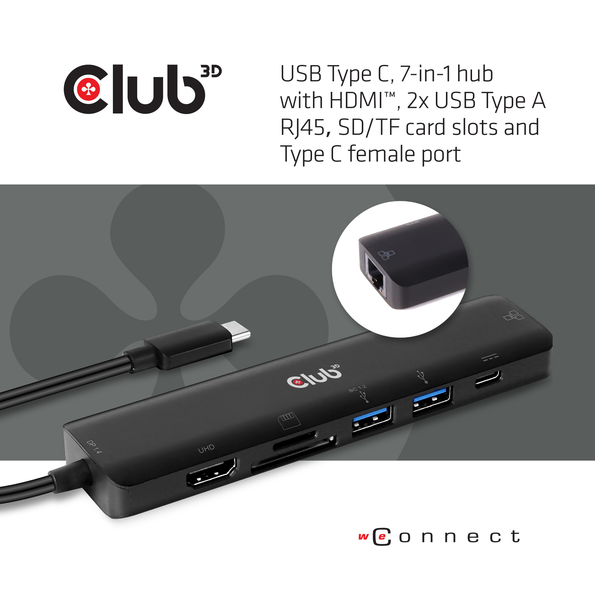 Hub negro con puertos, cable USB-C y texto, con logo "Club 3D".