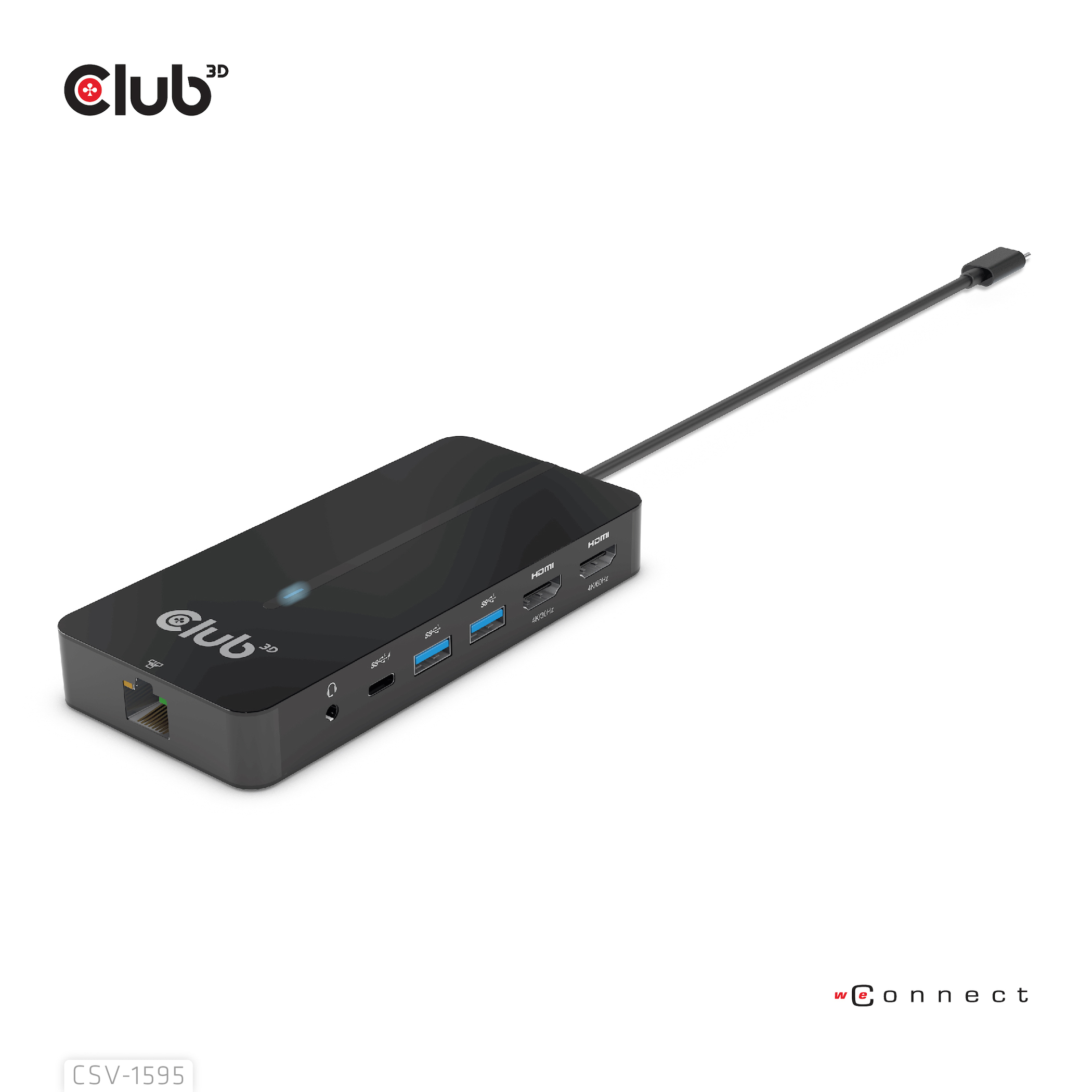 Hub nero con più porte collegato a un cavo, logo Club 3D.
