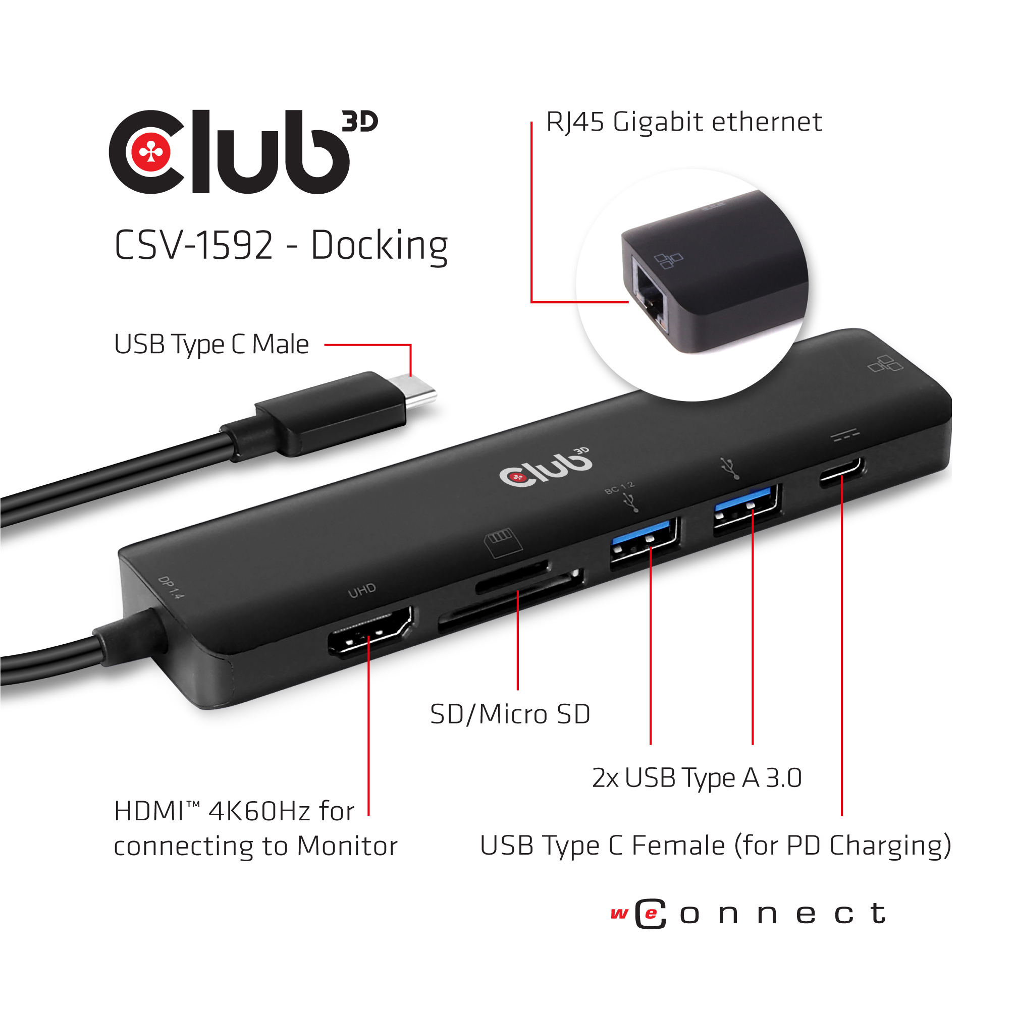 Base de conexión negra con muchos puertos y cable USB conectado.