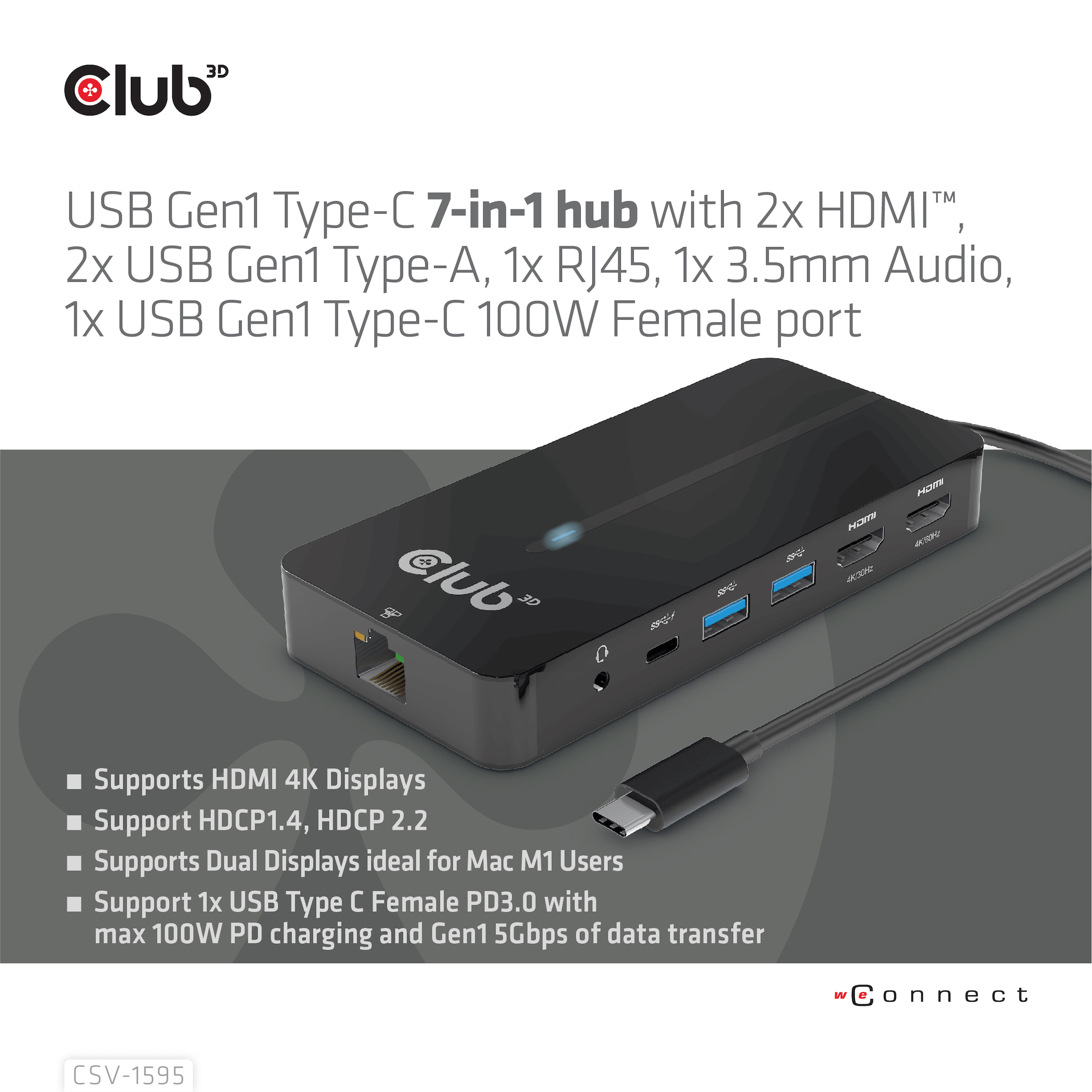 Hub USB nero con porte, un logo e specifiche in testo bianco.