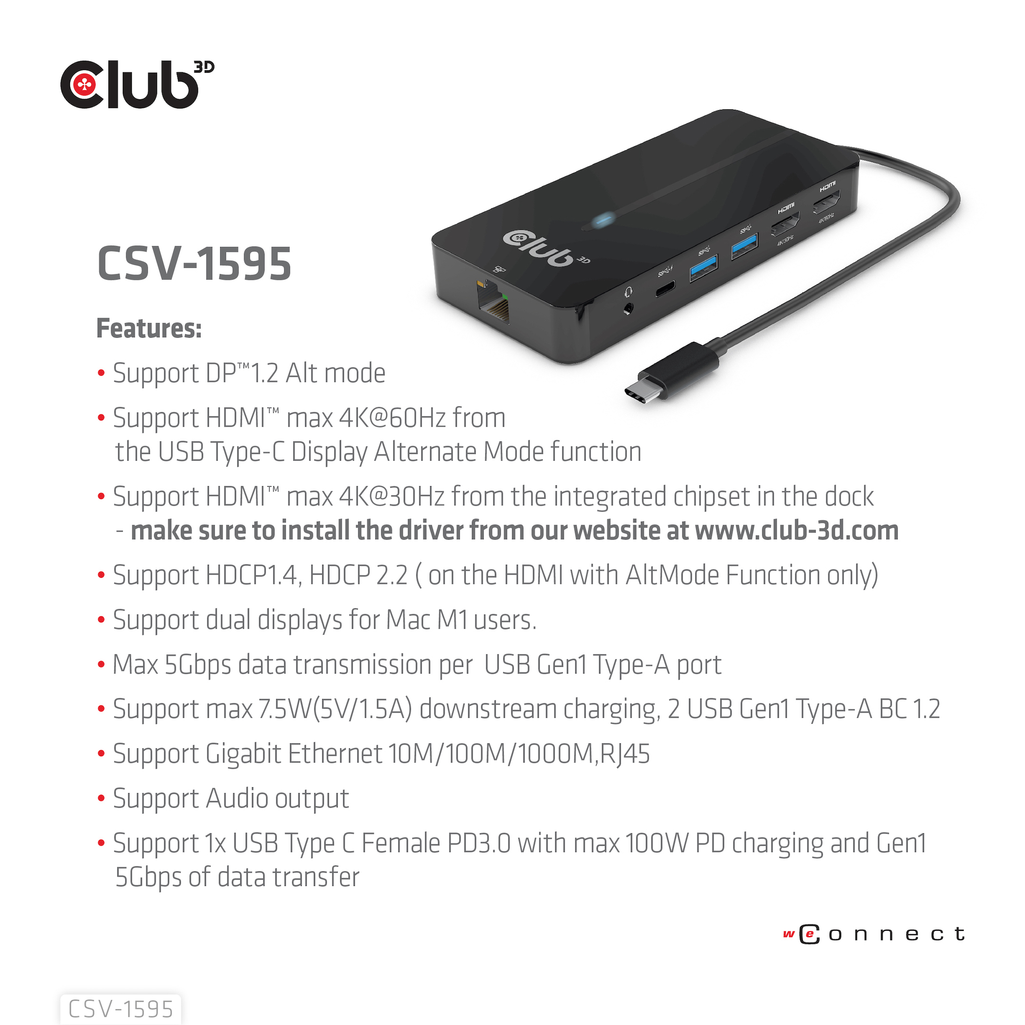 Stazione di docking Club 3D nera con più porte e un cavo USB-C. Il testo descrive le caratteristiche e le funzioni.