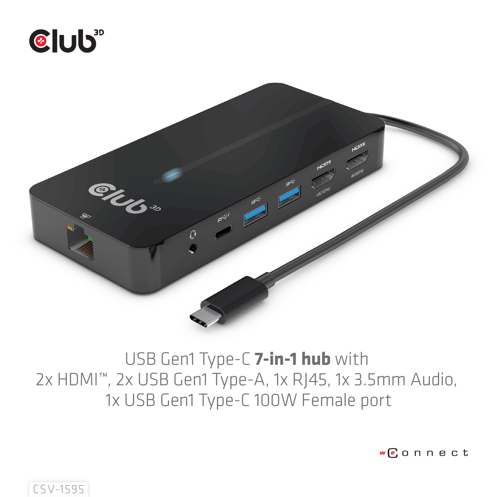 Hub nero con porte multiple, cavo USB-C e testo, logo "Club 3D".