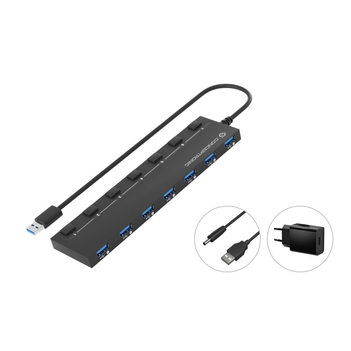 Hub USB nero con più porte USB, cavi e adattatore di alimentazione.