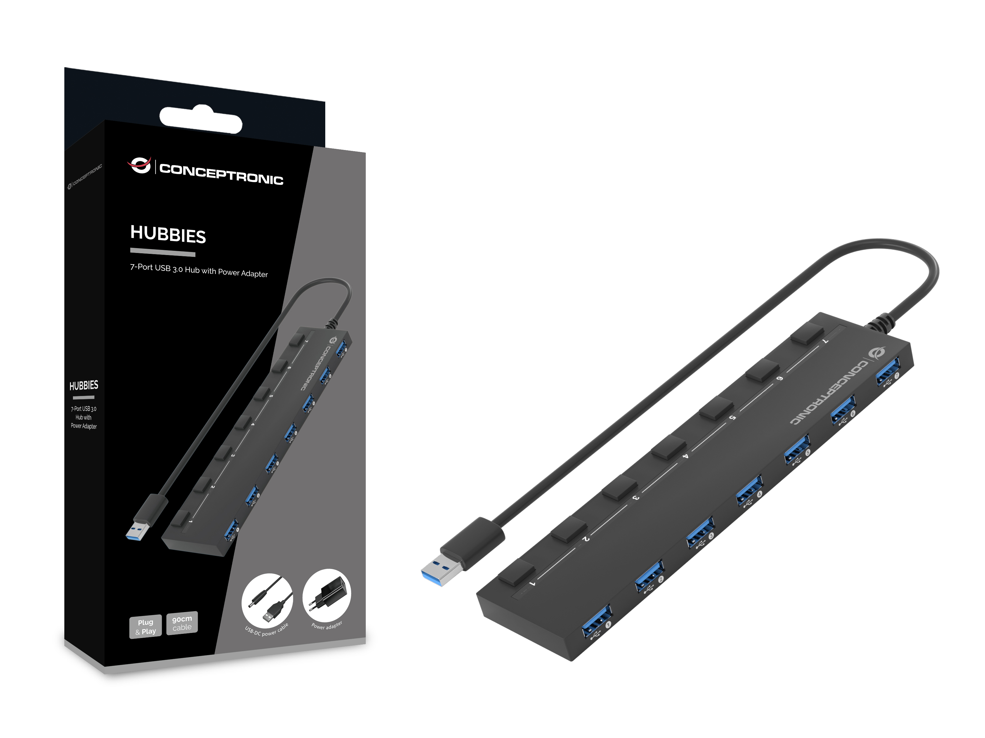 Un hub USB nero con 7 porte e un cavo, con un adattatore di alimentazione, in una scatola.