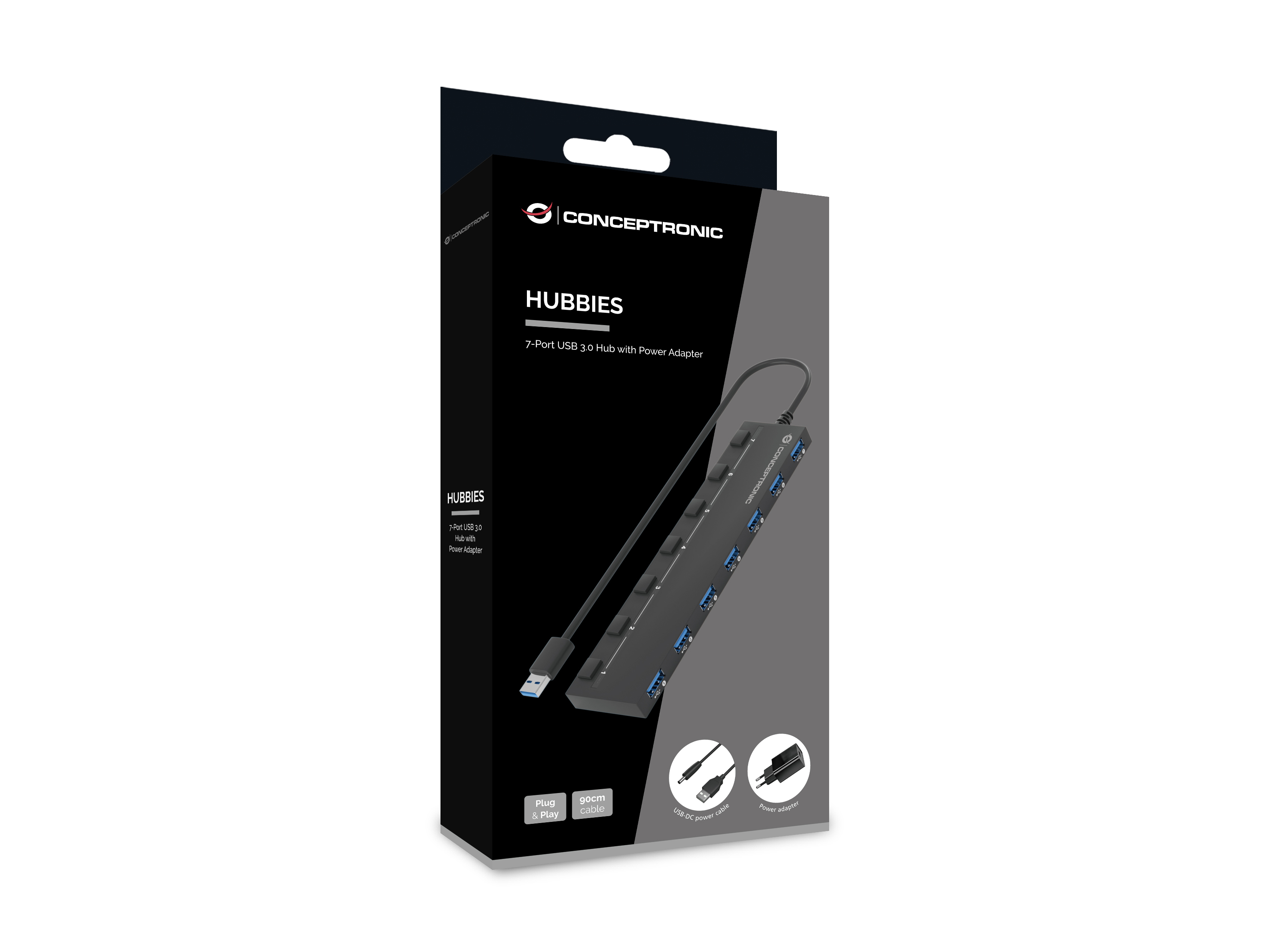 Scatola del prodotto con un hub, porte USB e adattatore di alimentazione mostrati sulla scatola.