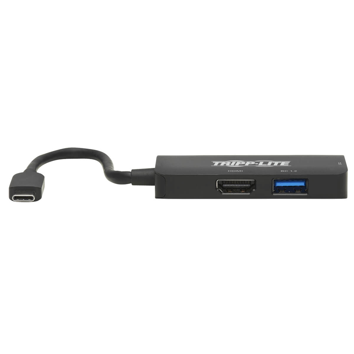 Hub nero con porte HDMI e USB, collegato a un cavo USB-C.