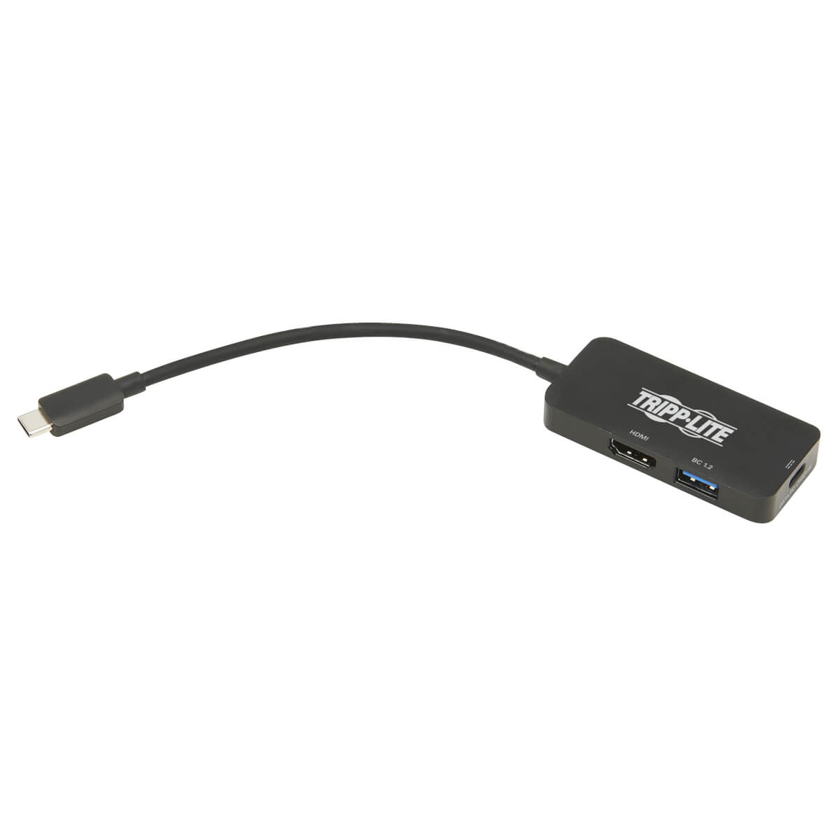 Hub USB-C nero con porte HDMI e USB e cavo collegato.
