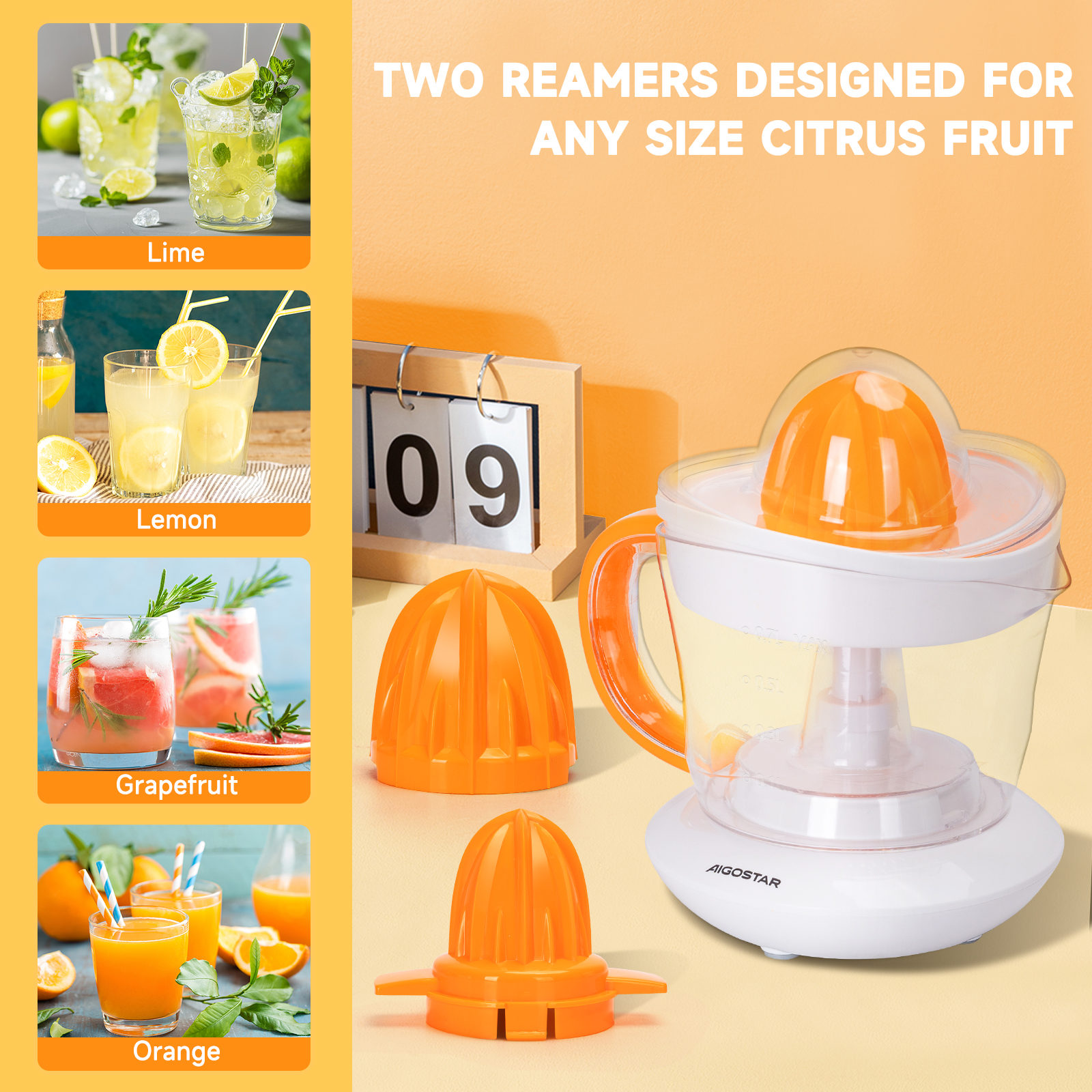 Exprimidor de cítricos con zumo y frutas. Se muestran limas, limones, pomelos y naranjas.
