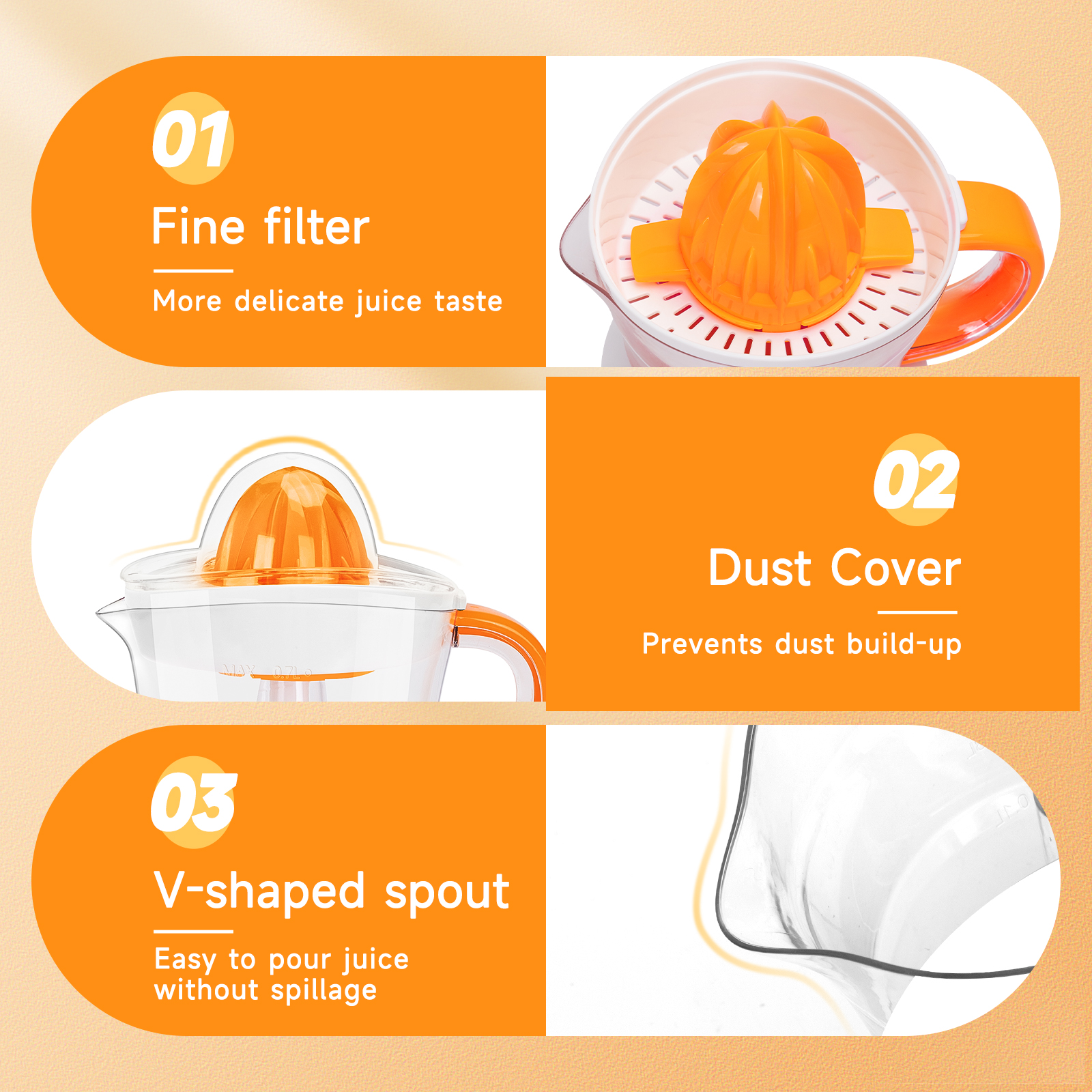 Exprimidor con detalles naranjas. Muestra filtro fino, tapa antipolvo y boquilla en V.