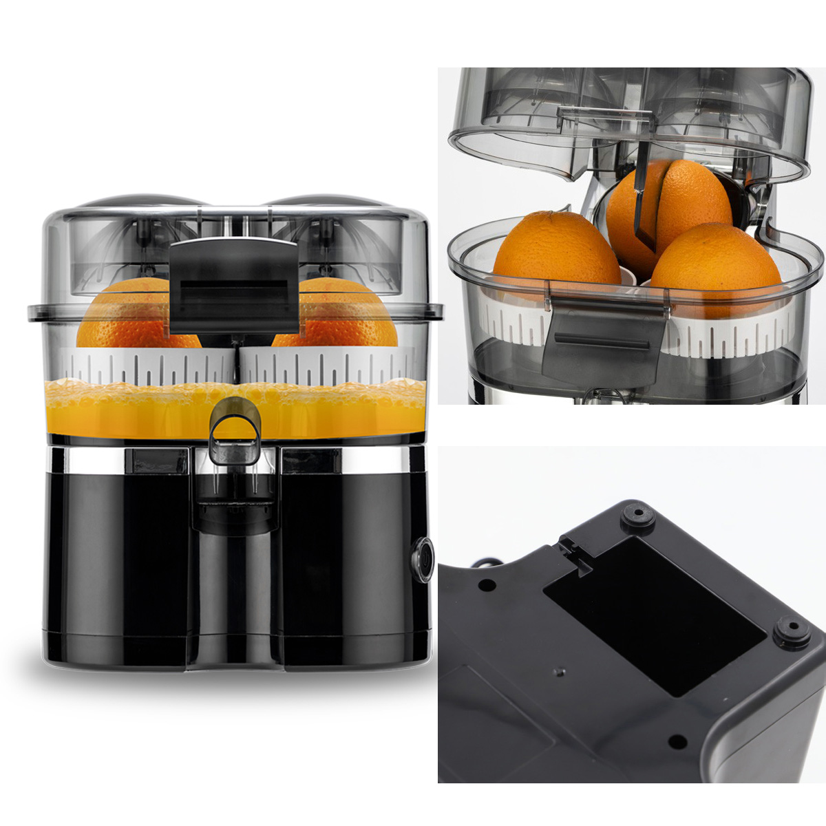 Extractor de zumo con naranjas, tapa transparente, base negra, múltiples vistas, fondo blanco.