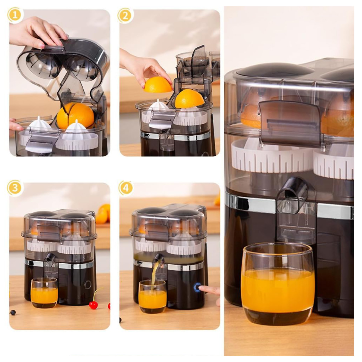Secuencia de un exprimidor en acción. Se exprimen naranjas y se vierte el jugo en un vaso. El exprimidor es negro.