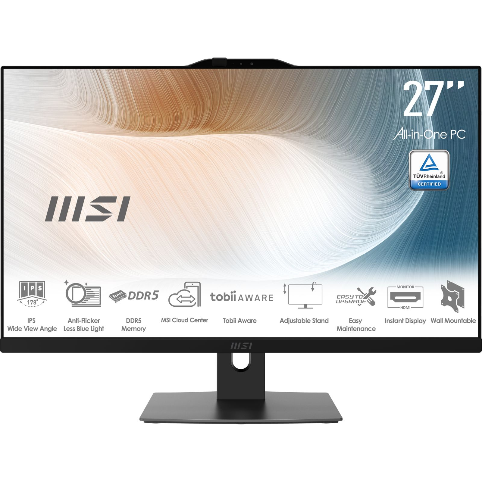 27" All-in-One PC-Monitor. Schwarzer Sockel und Rahmen. Mehrere Symbole unten. Weißer und brauner Hintergrund.