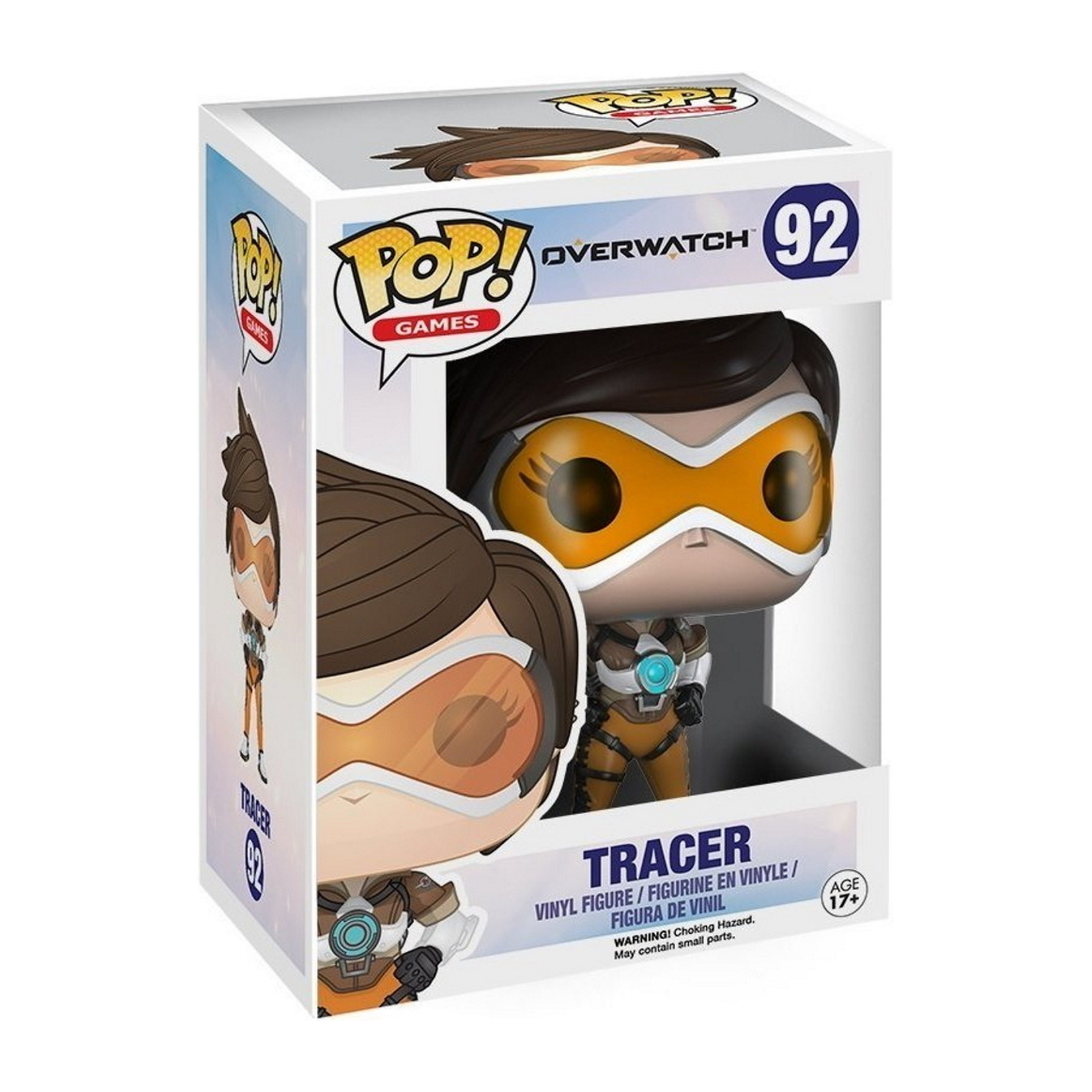 Una scatola Funko Pop mostra Tracer. La figura indossa il suo completo arancione e bianco.