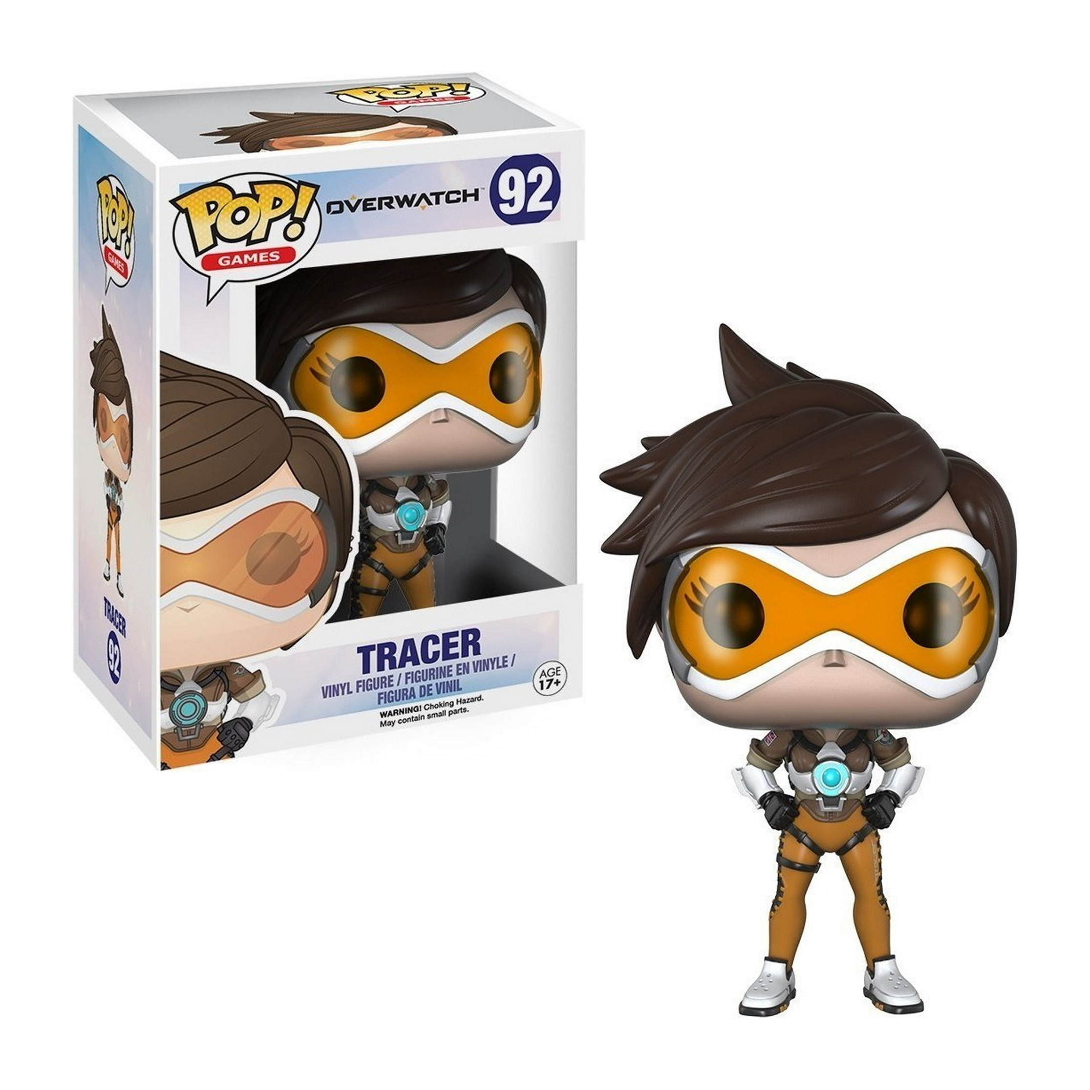Figura Tracer Funko Pop in scatola, con la figura esposta fuori.