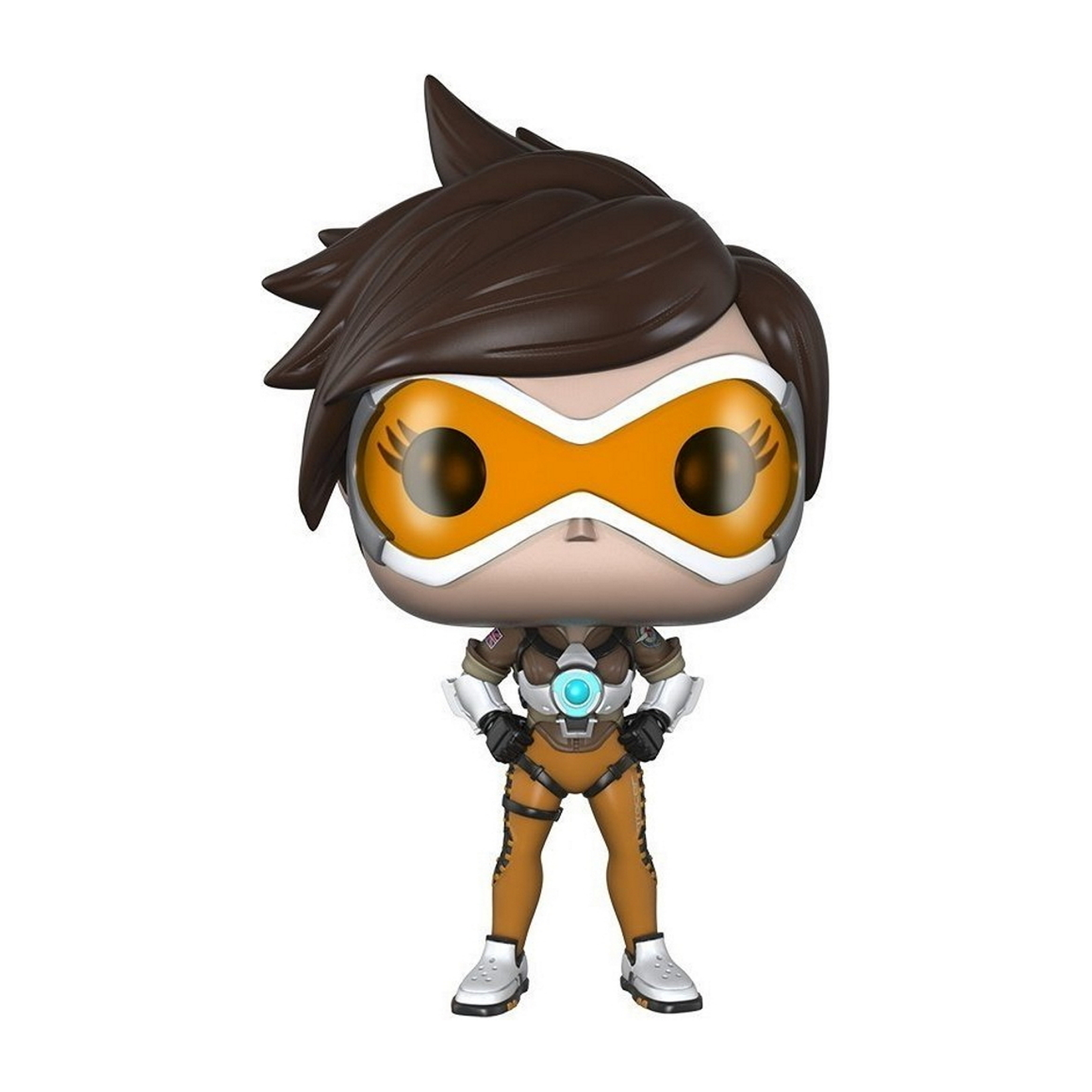 Statuina di Tracer di Overwatch. Indossa un abito arancione e bianco e ha occhiali arancioni.