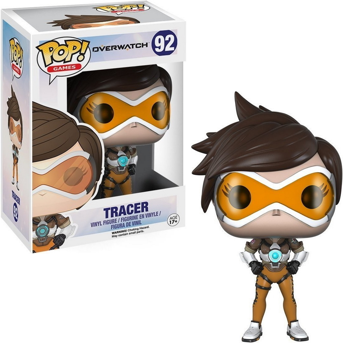 Funko Pop! Overwatch Tracer nella sua scatola e la figura in piedi accanto.