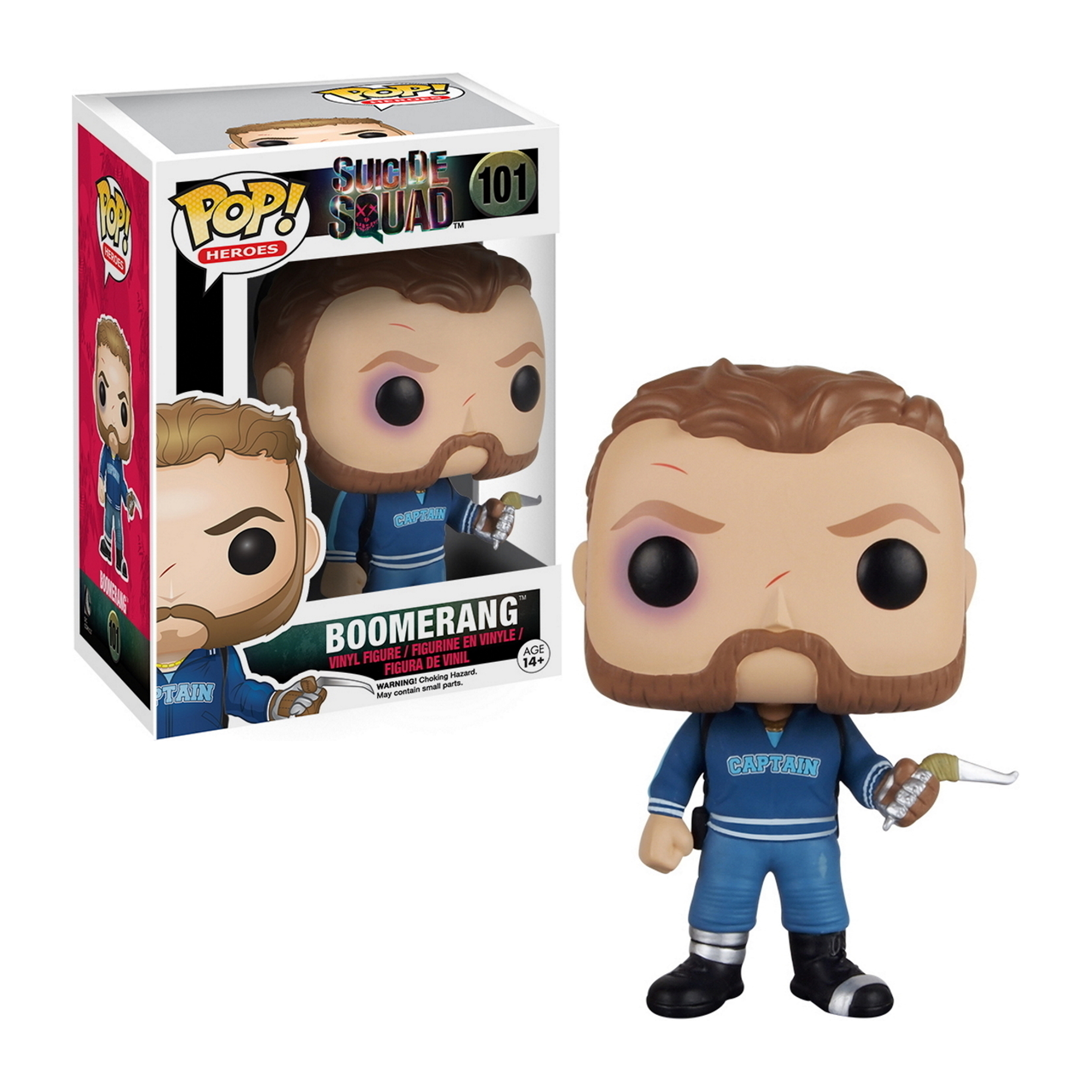 Boomerang Funko Pop Figur in Box. Blaues Outfit, verletztes Gesicht.