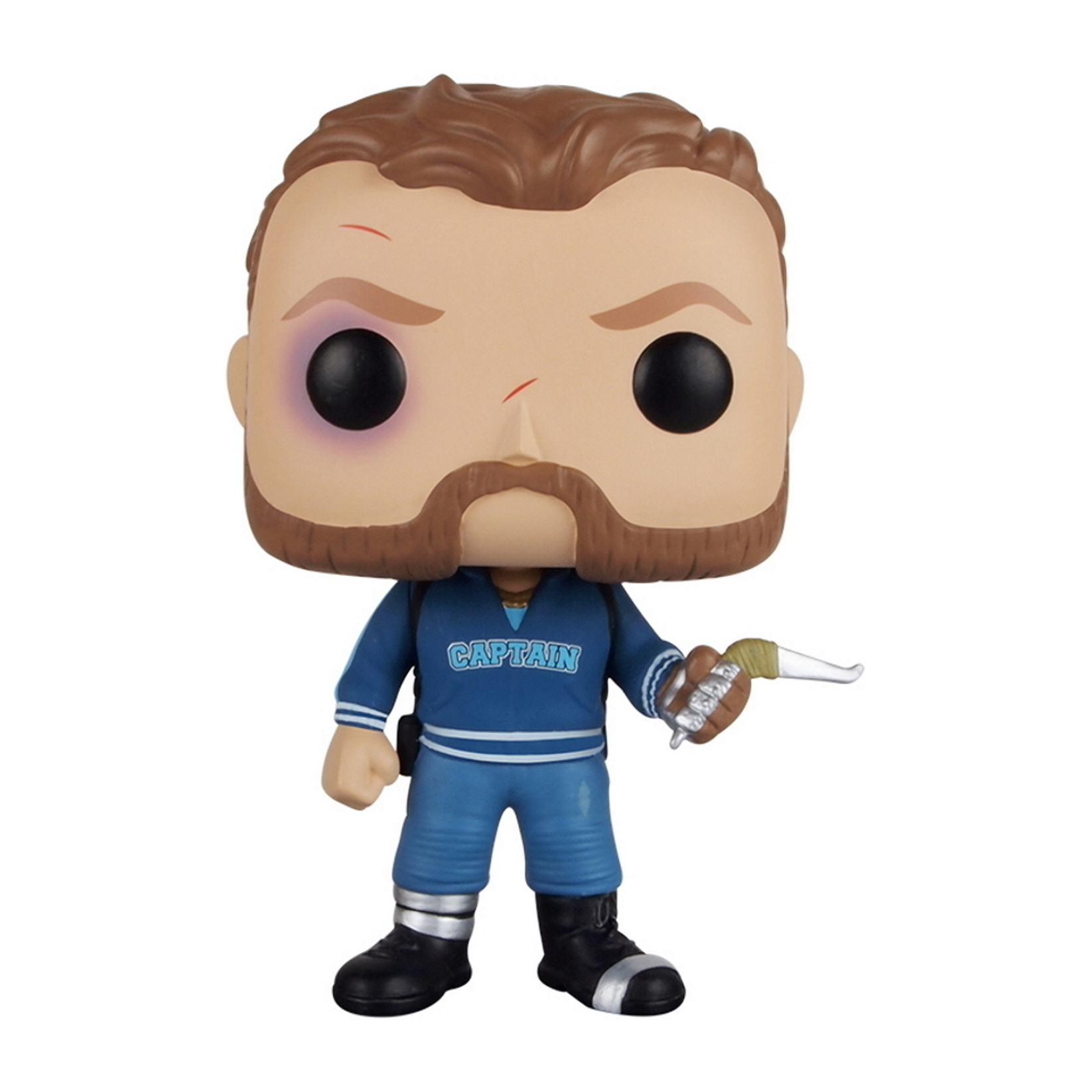 Eine Funko Pop Figur eines Mannes in Blau. Er hat einen Bart und hält eine Waffe.