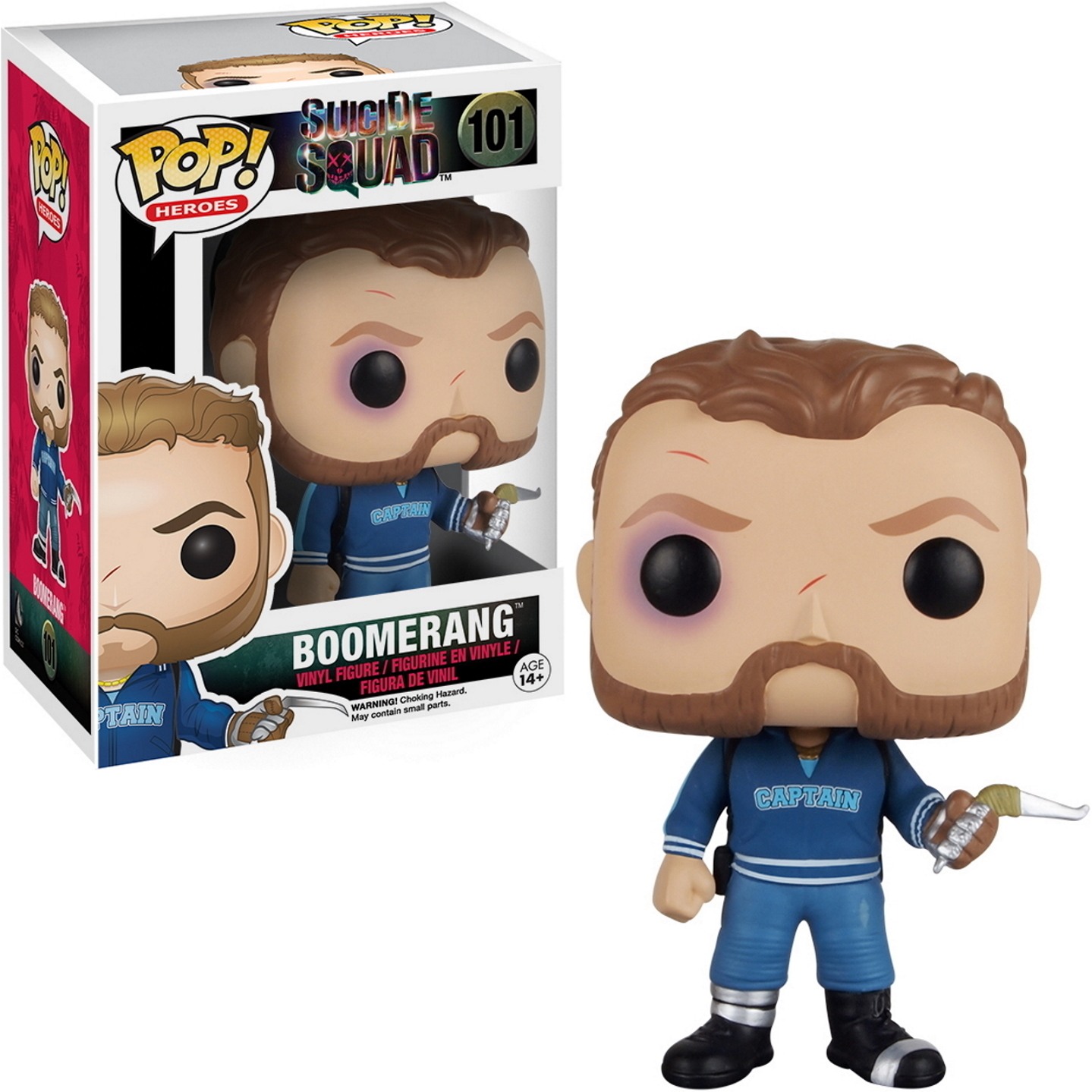 Boomerang Funko Pop Figur und Box. Boomerang mit blauem Auge und blauem Anzug. Box mit Bild von Boomerang.