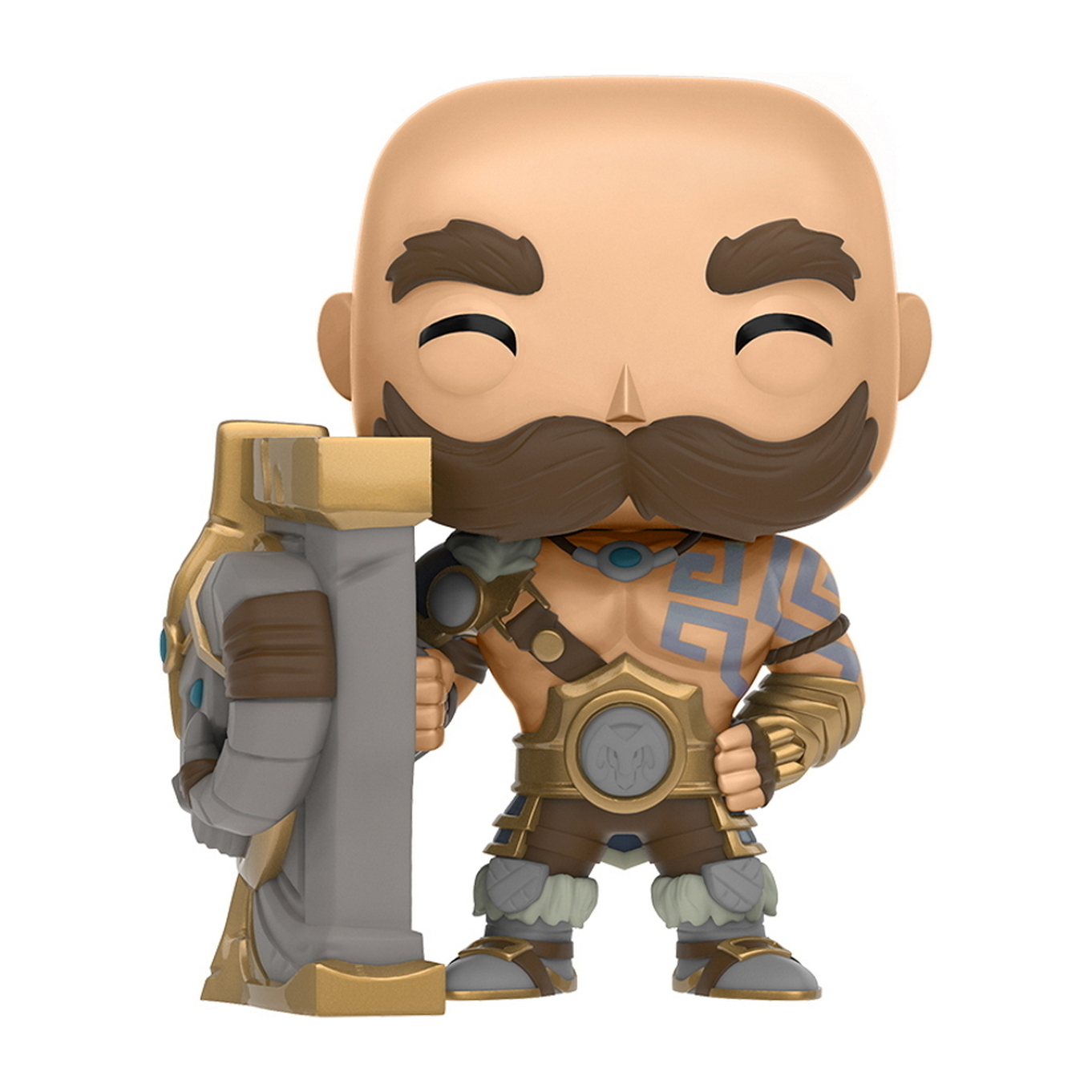 Eine Funko Pop-Figur eines glatzköpfigen, bärtigen Mannes mit einer Waffe und einer Statue.