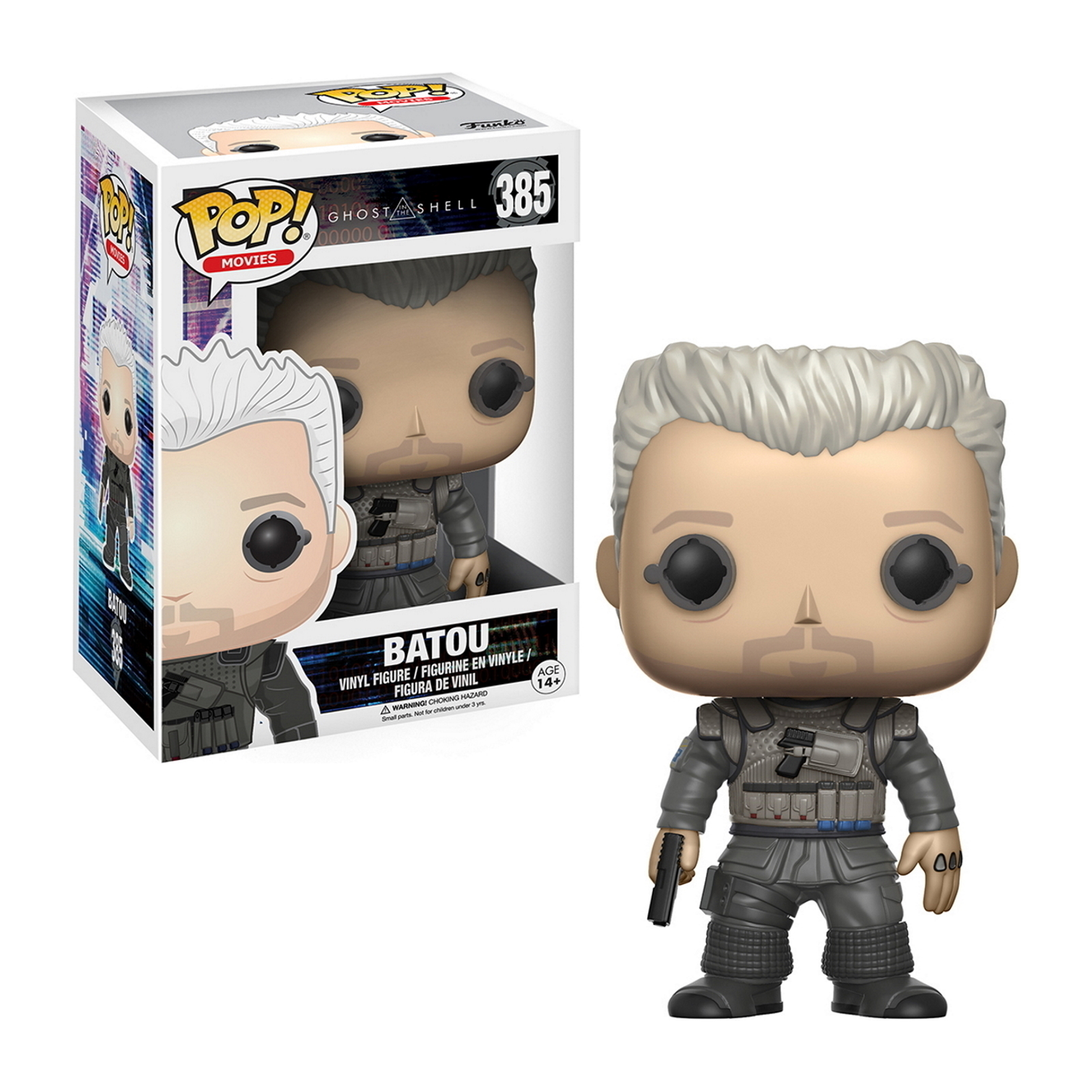 Una figura Funko Pop di Batou da Ghost in the Shell. La figura è in una scatola.