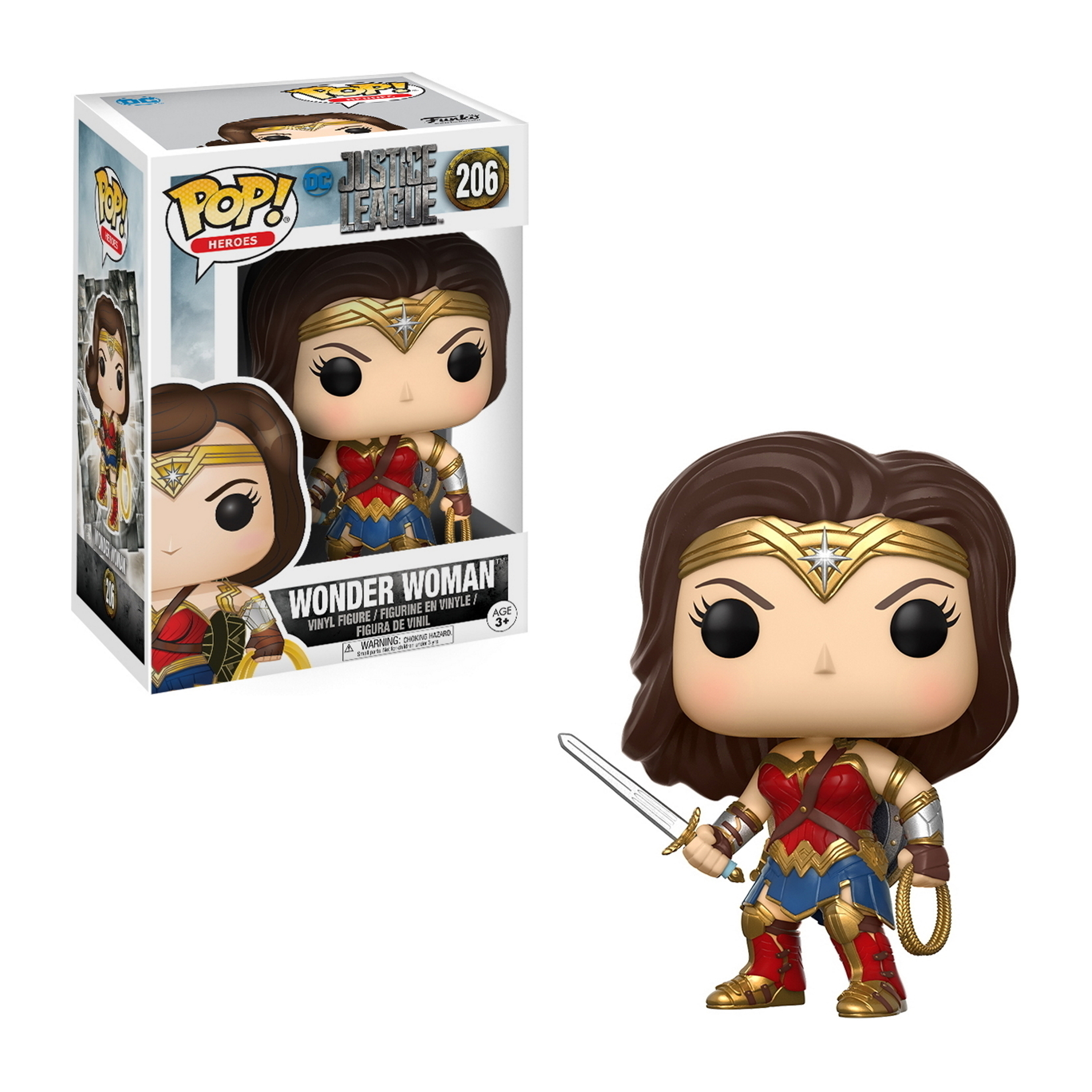 Figura di Wonder Woman Funko Pop dentro e fuori dalla scatola. Tiene una spada.