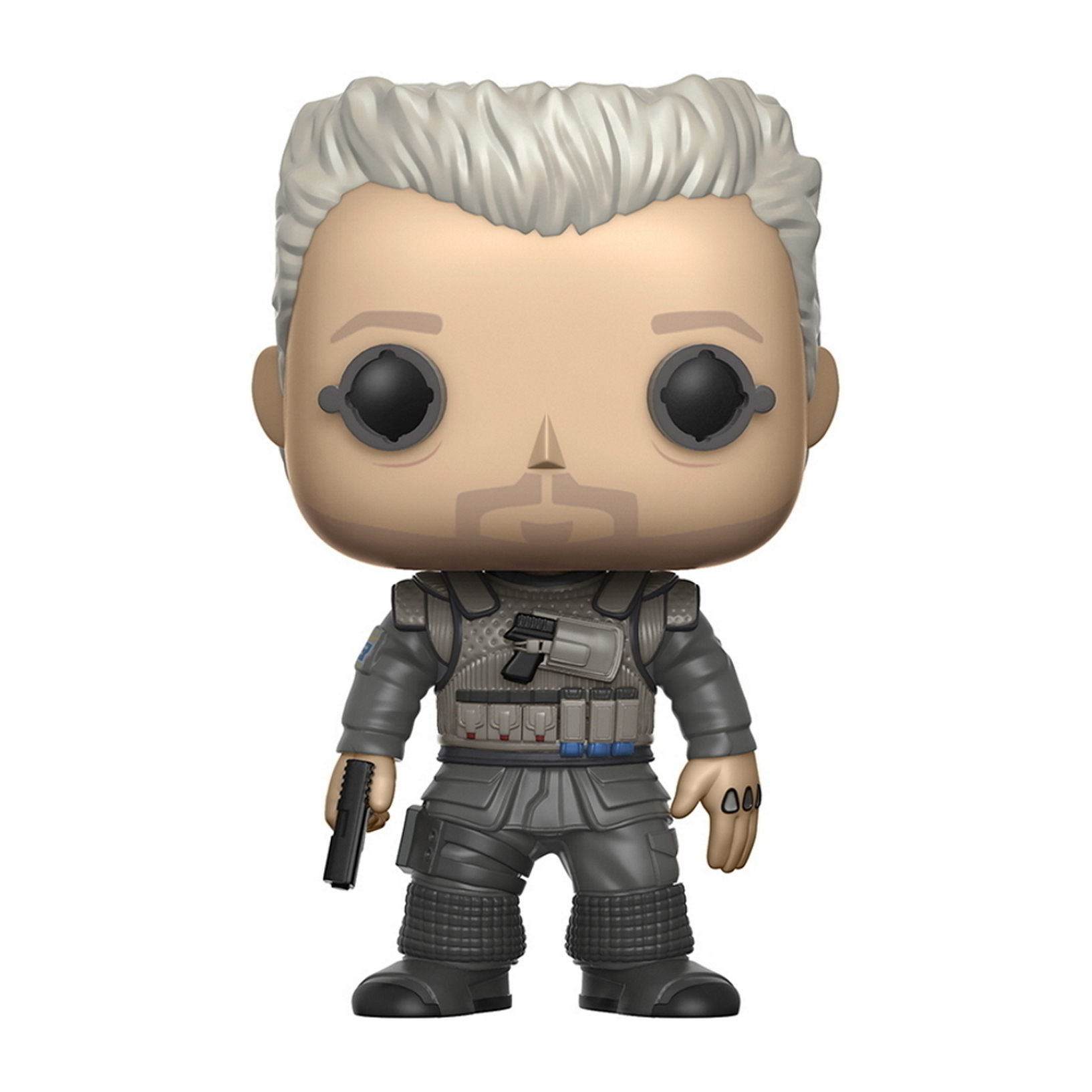 Figura Funko Pop di un uomo in uniforme grigia, che tiene una pistola.