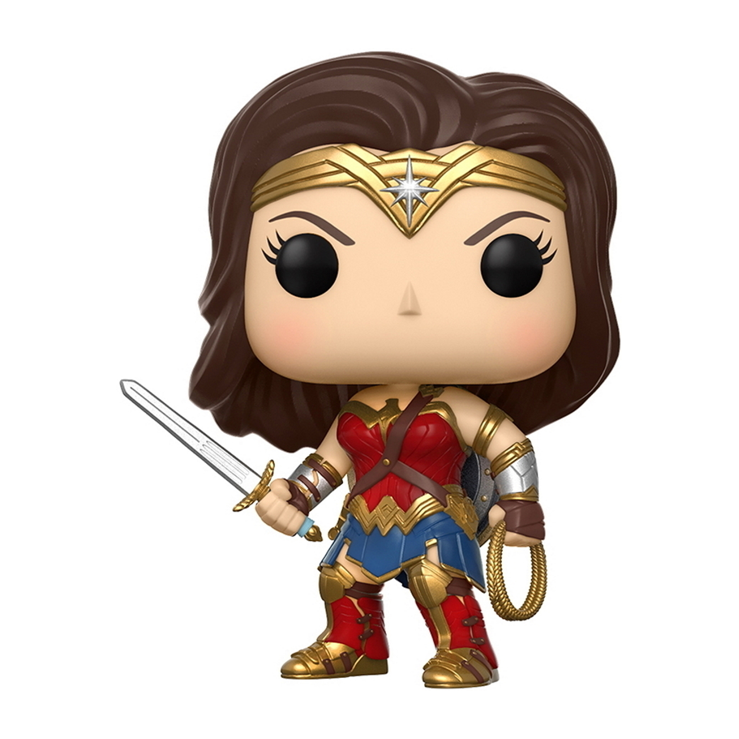 Una statuetta Funko Pop di Wonder Woman con una spada e uno scudo, in costume completo, su uno sfondo bianco.