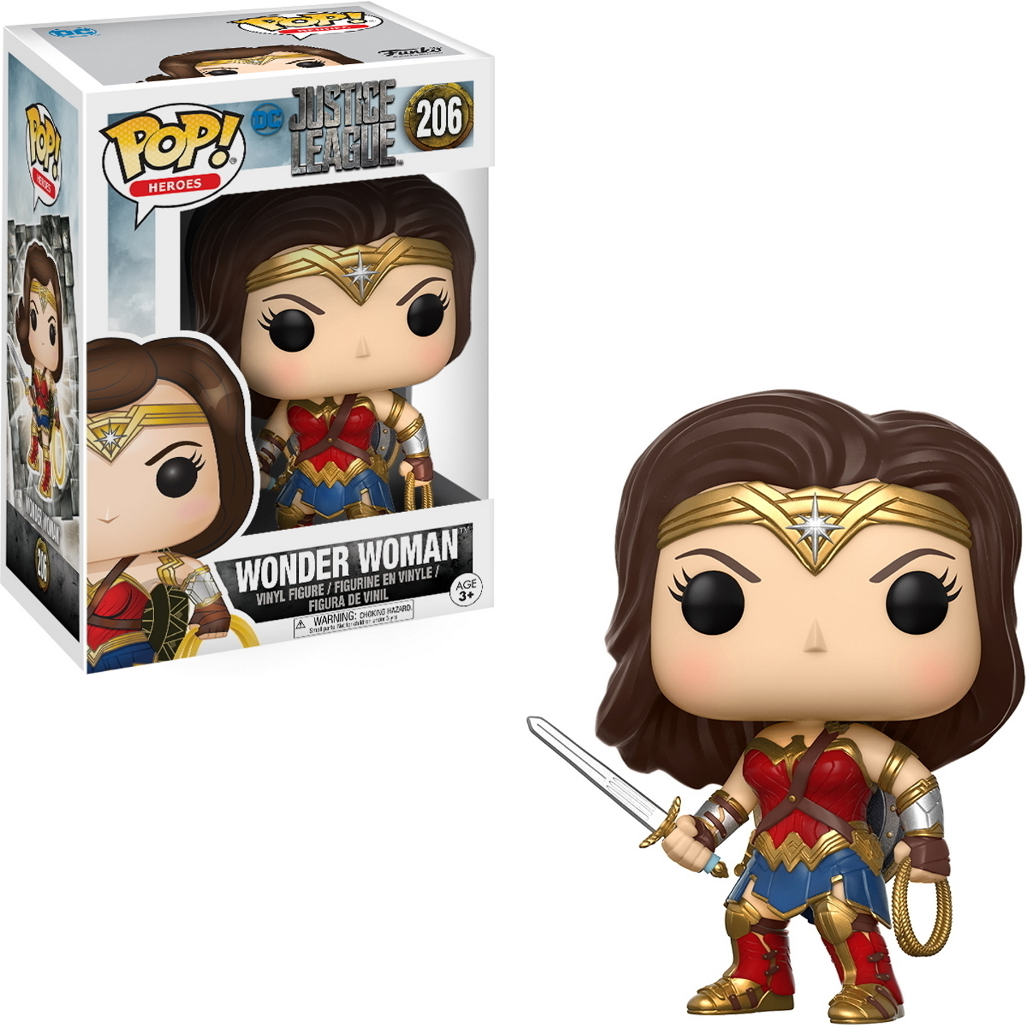 Figura Funko Pop di Wonder Woman con scatola, mostra il personaggio e i dettagli.